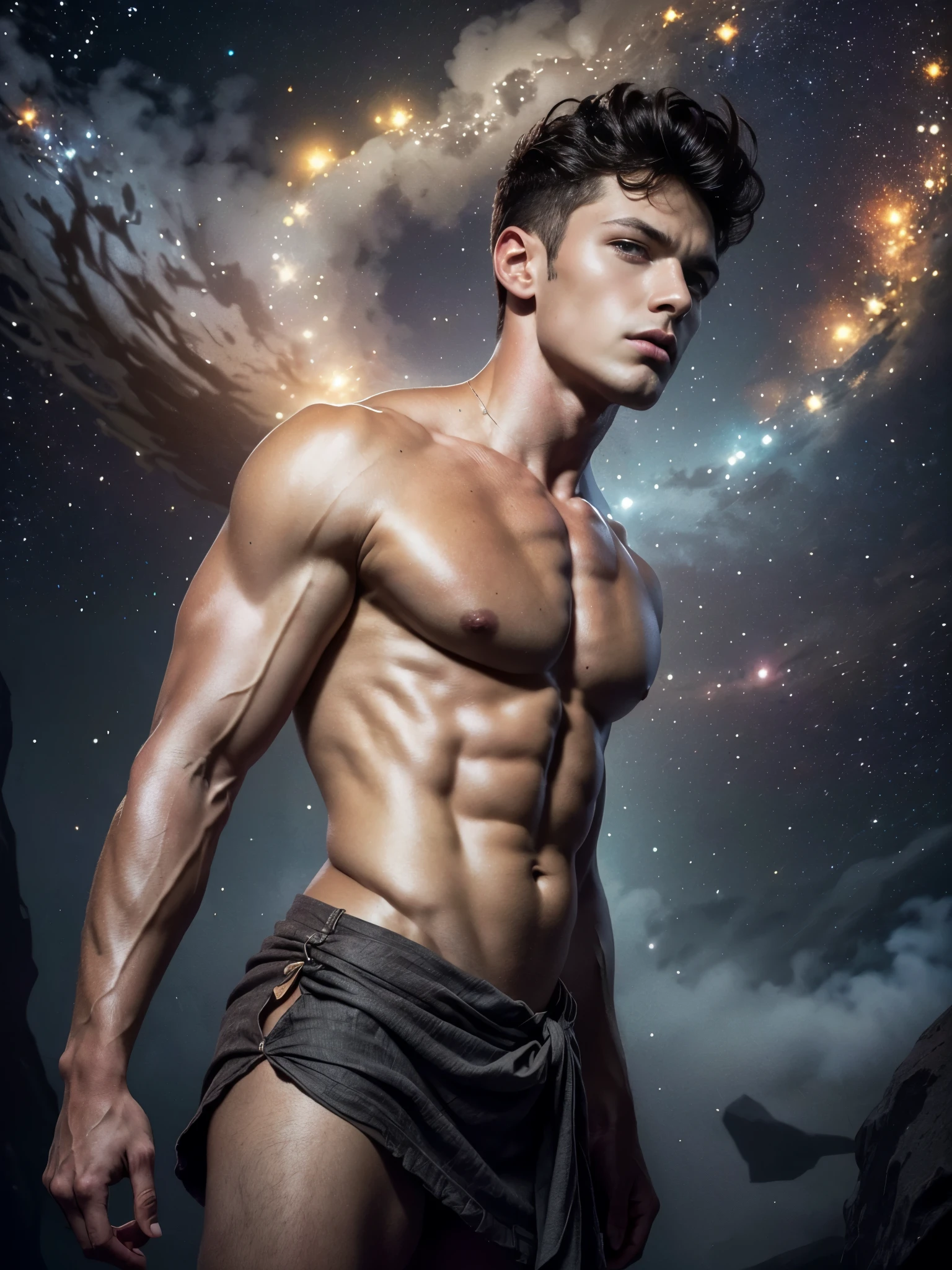 Photorealistic, ((best quality)), ((masterpiece)), (detailed),masculine portrait of Aries, (wild sheep perfect horns:1.4 personificatioin of Aries, fully naked, nude, side view, muscule, ripped, strong body, fit body, 1boy, lava, volcano, constellations, mars, galaxies, 8k, high detailed, ultra-detailed, Stylish Pose, real skin texture, dark cinematic lighting, 18-year-old male model, handsome, tall, cute looking, evil look, dark look, powerful, a young male handsome model, super strong, muscular, fit, massive muscles, six pack, clean shave, blue eyes. short messy brown hair, messy hair, ancient linen Greek small skirt, linen antique draped cloth skirt, ancient outerspace, constellation, galaxies, stars in the background