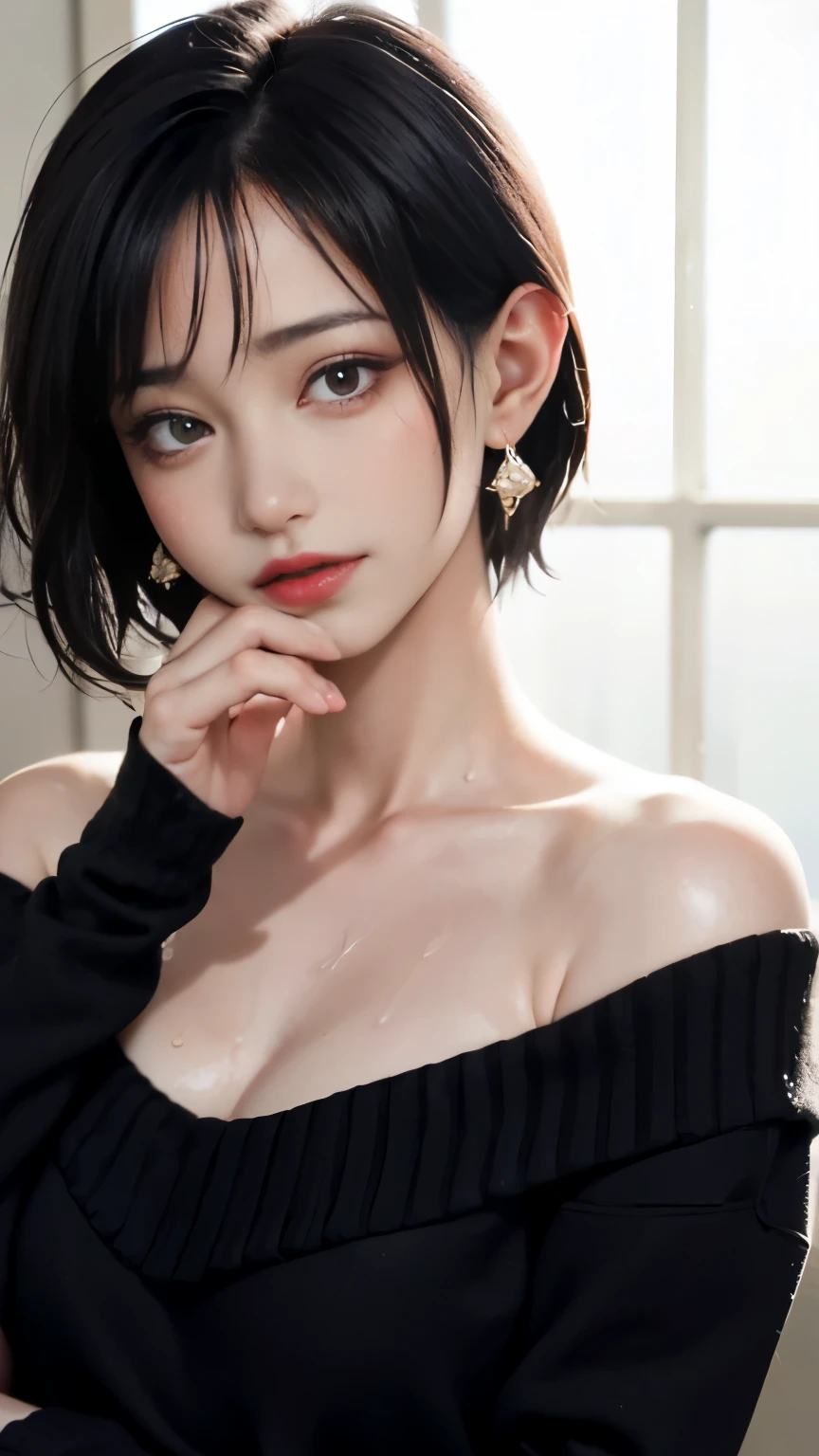 Cinematic lighting、(key light:Front diagonal 45 degrees, fill light、Backlight、shadow、blue and orange color palette), accurate human body、detailed person、Correct five-finger、RAW photo、 4K - ultra-vivid、highest quality, masterpiece, ultra high resolution, (reality: 1.4),
(((oil skin,sparkling skin、realistic skin texture、detailed beautiful skin、shiny skin、shiny skin)))、
upper body shot, camera angle is low, Depth of the bounds written, Focus on the center, fine eyes, perfect face and eyeature woman, Beautiful woman、(Sweat,vapor, Vulgarity), ((tight white long maxi sweater dress))、big cleavage、tight clothes、(full shot, red makeup、pink glossy lipstick)、long shot, Beautiful depiction、knowledgeable person、detailed background、quality people々、high quality face、Ultra-high-definition animation、(beautiful black hair:1.8)、earrings、clavicle、((((((Sweat))))))、Wet, loose clothes, (((nightの街、A captivating pure white off-shoulder shirt that shows off your obscene body line.))), background bokeh、detailed background、field、night、smile、put your hand on your mouth