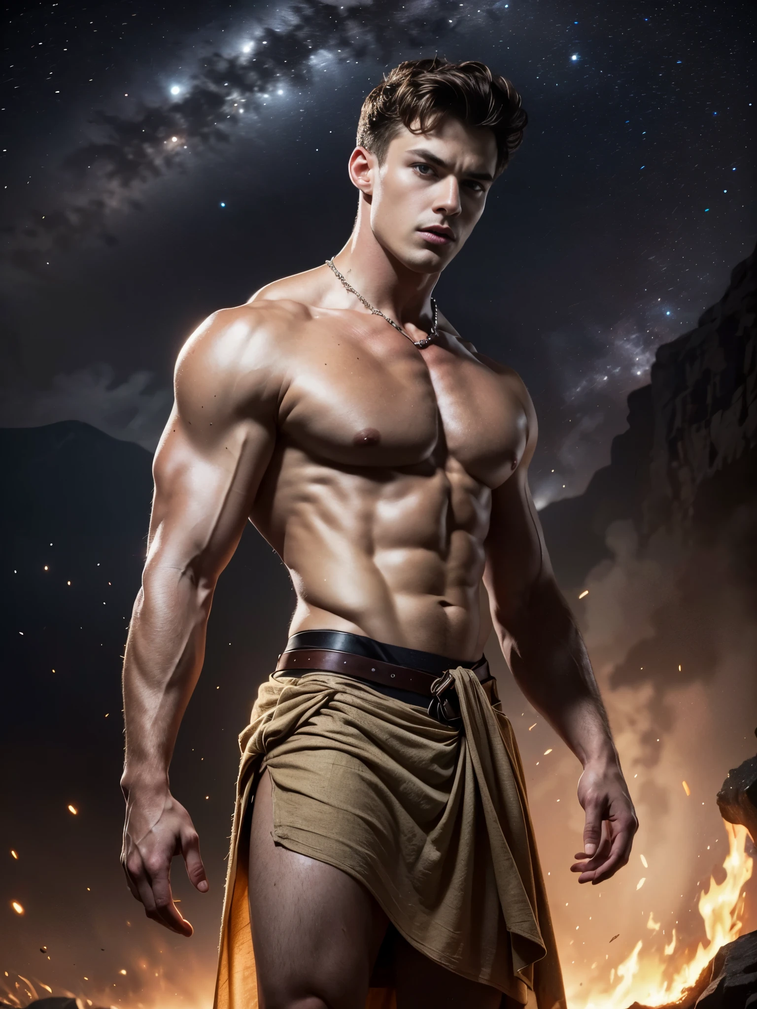 Photorealistic, ((best quality)), ((masterpiece)), (detailed),masculine portrait of Aries, personificatioin of Aries, fully naked, nude, side view, muscule, ripped, strong body, fit body, 1boy, lava, volcano, constellations, mars, galaxies, 8k, high detailed, ultra-detailed, Stylish Pose, real skin texture, dark cinematic lighting, 18-year-old male model, handsome, tall, cute looking, evil look, dark look, powerful, a young male handsome model, super strong, muscular, fit, massive muscles, six pack, clean shave, blue eyes. short messy brown hair, messy hair, ancient linen Greek small skirt, linen antique draped cloth skirt, ancient outerspace, constellation, galaxies, stars in the background