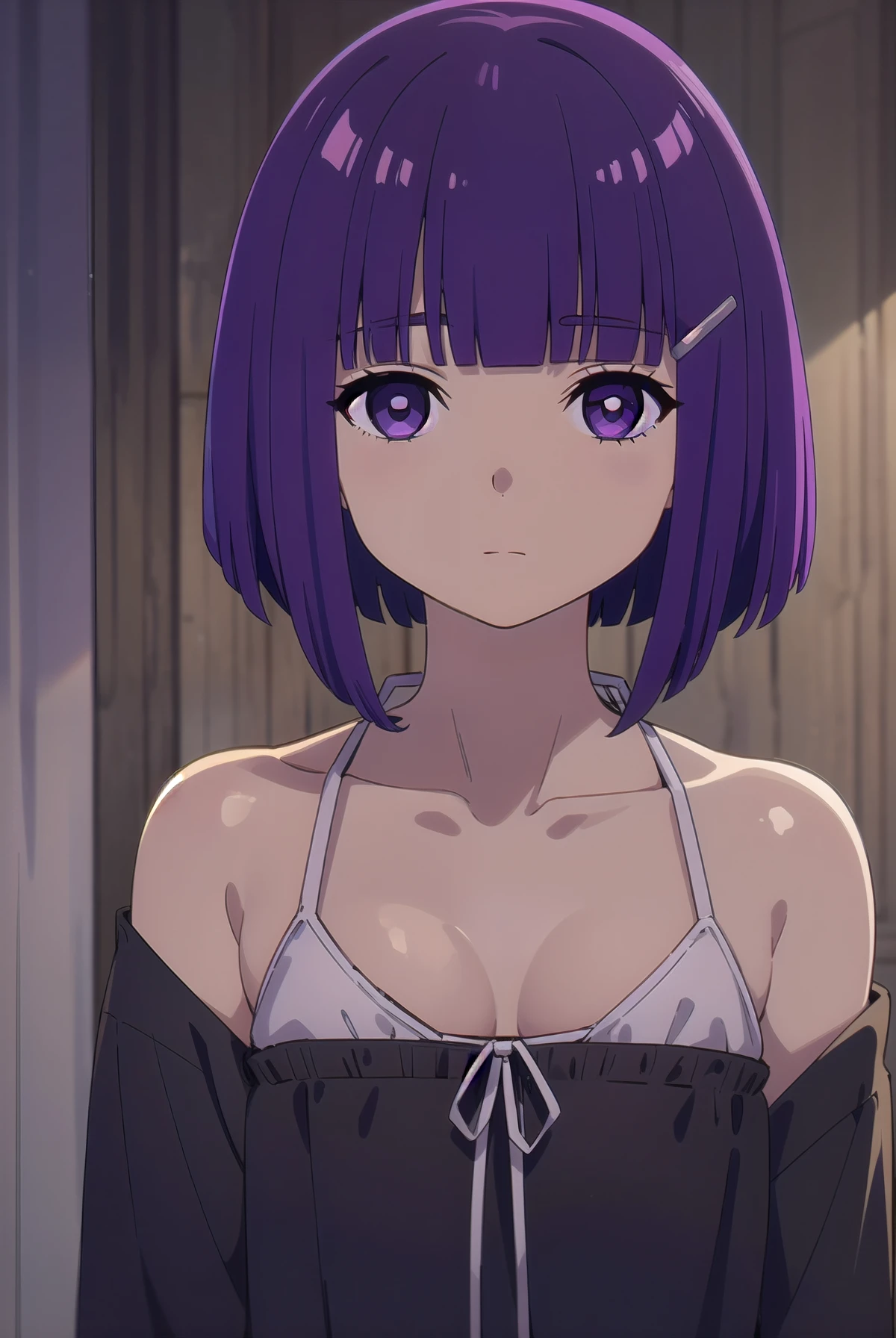 (((pixel-perfect, detail-perfect))), solo, 1girl, fern, HDR, 4K, bikini, upper body, purple hair cut, bob hair, short hair, short bob hair, bob cut, haircut, undercut, bobbed hair, minibob, hairclips, purple eyes