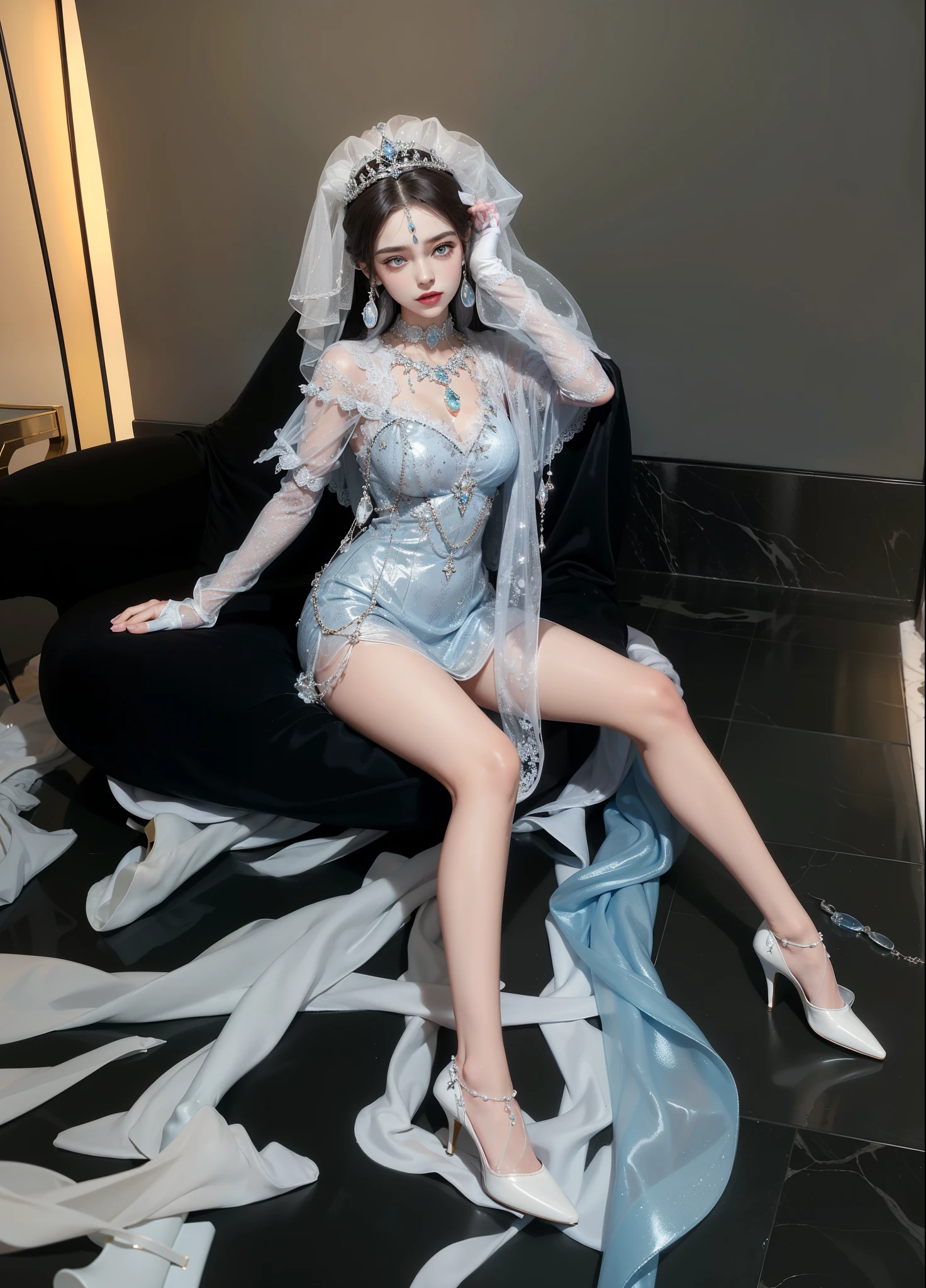 Royal sister,exquisite eyes,Frozen queen,put the crown on your head,Detailed facial expressions body,tall figure,Gorgeous,Leg length,4K,HD,Sensual,translucent lace,白皙plump figure,pretty face,Little cherry mouth,beautiful and delicious(3D royal sister),plump figure,gloss gel coat,Queen in luxurious dress,Crystal Gem Crown,Necklace jewelry,Wear white gloves,Wear white high heels