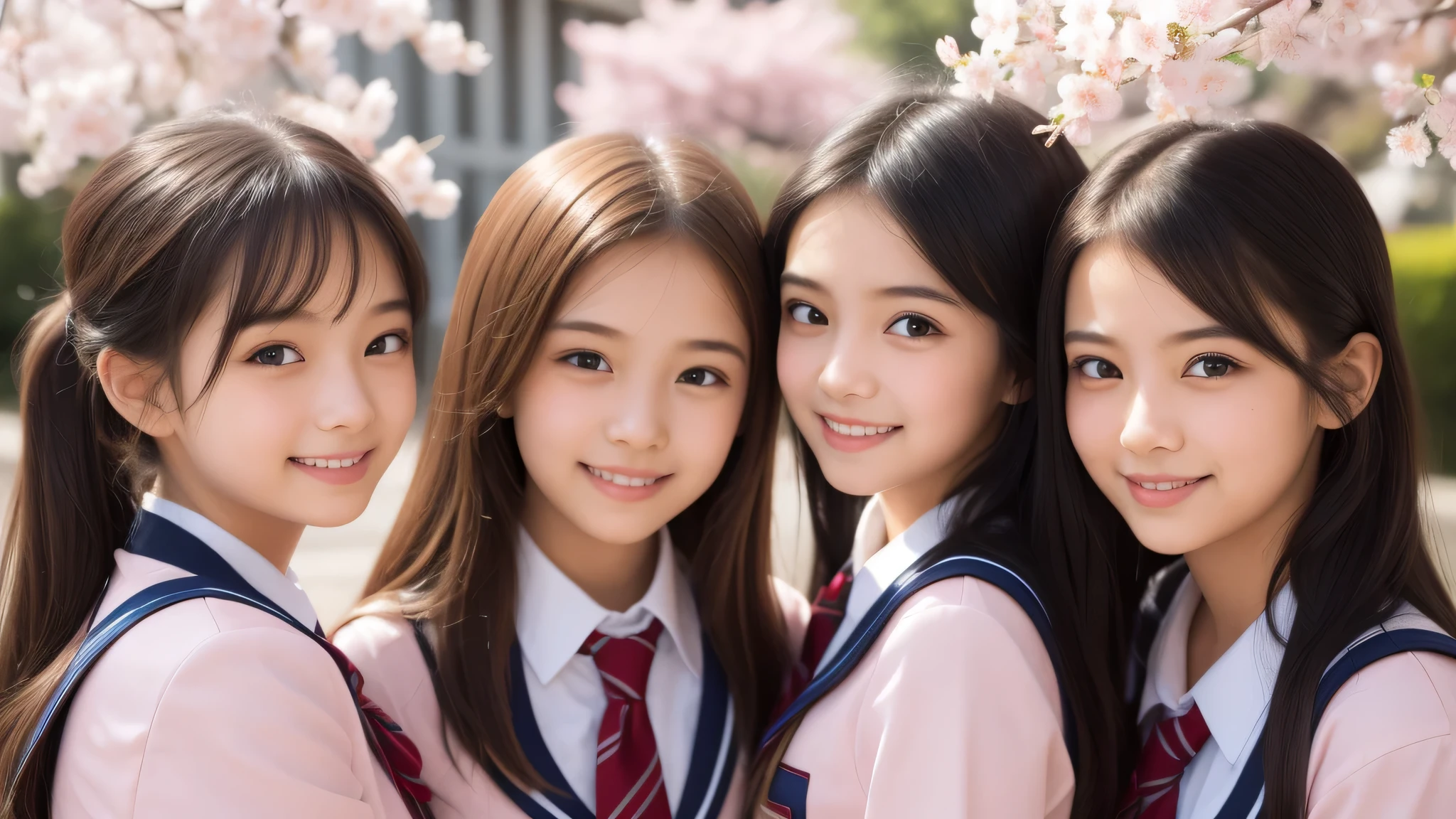 (3little girls:1.5), (yo), (young face:1.2), shy smile, (Best Quality:1.4), (Ultra-detailed), (extremely detailed beautiful face), Amazing face and eyes, (ponytail), cute smile, brown eyes, (highly detailed Beautiful face), (high school uniform:1.2), (extremely detailed CG unified 8k wallpaper), Highly detailed, High-definition raw color photos, Professional Photography, Realistic portrait, Extremely high resolution, cute smiling, cherry blossoms, School, schoolyard,