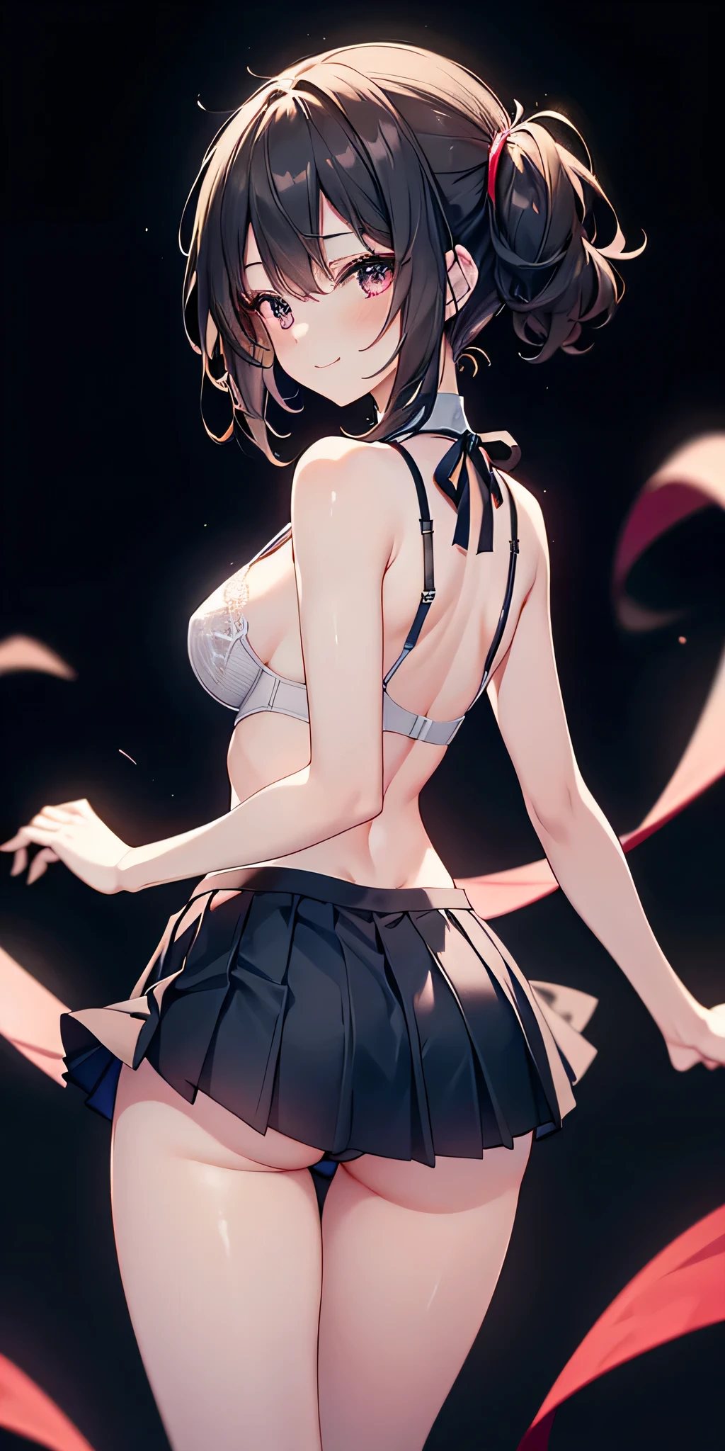 pose: professional seduction. A perfect young girl with a mischievous smile only wears a very short pleated miniskirt and an extremely thin and transparent bra like air. back lighting on a completely black background