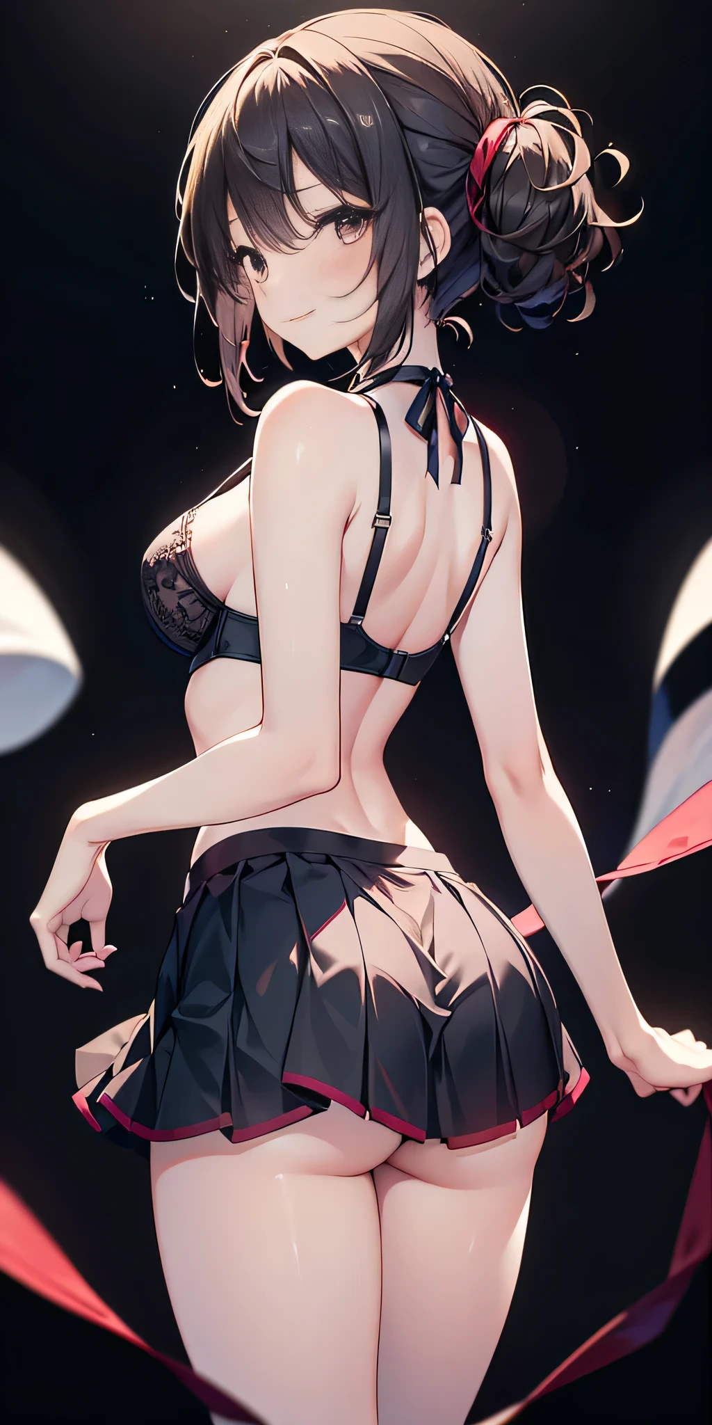 pose: professional seduction. A perfect young girl with a mischievous smile only wears a very short pleated miniskirt and an extremely thin and transparent bra like air. back lighting on a completely black background