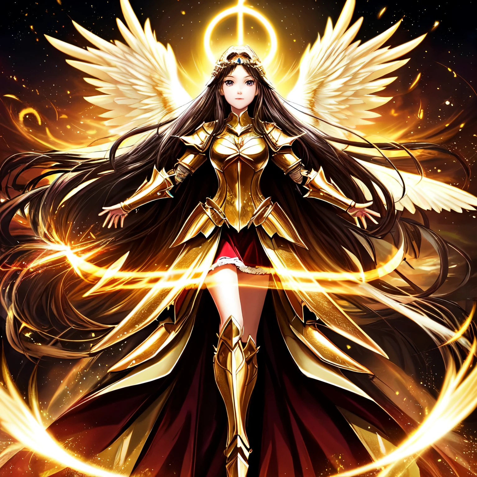 best quality, extremely beautiful, beautiful face, angel woman, two huge golden wing, revealing armor with open front skirt, very long dark hair