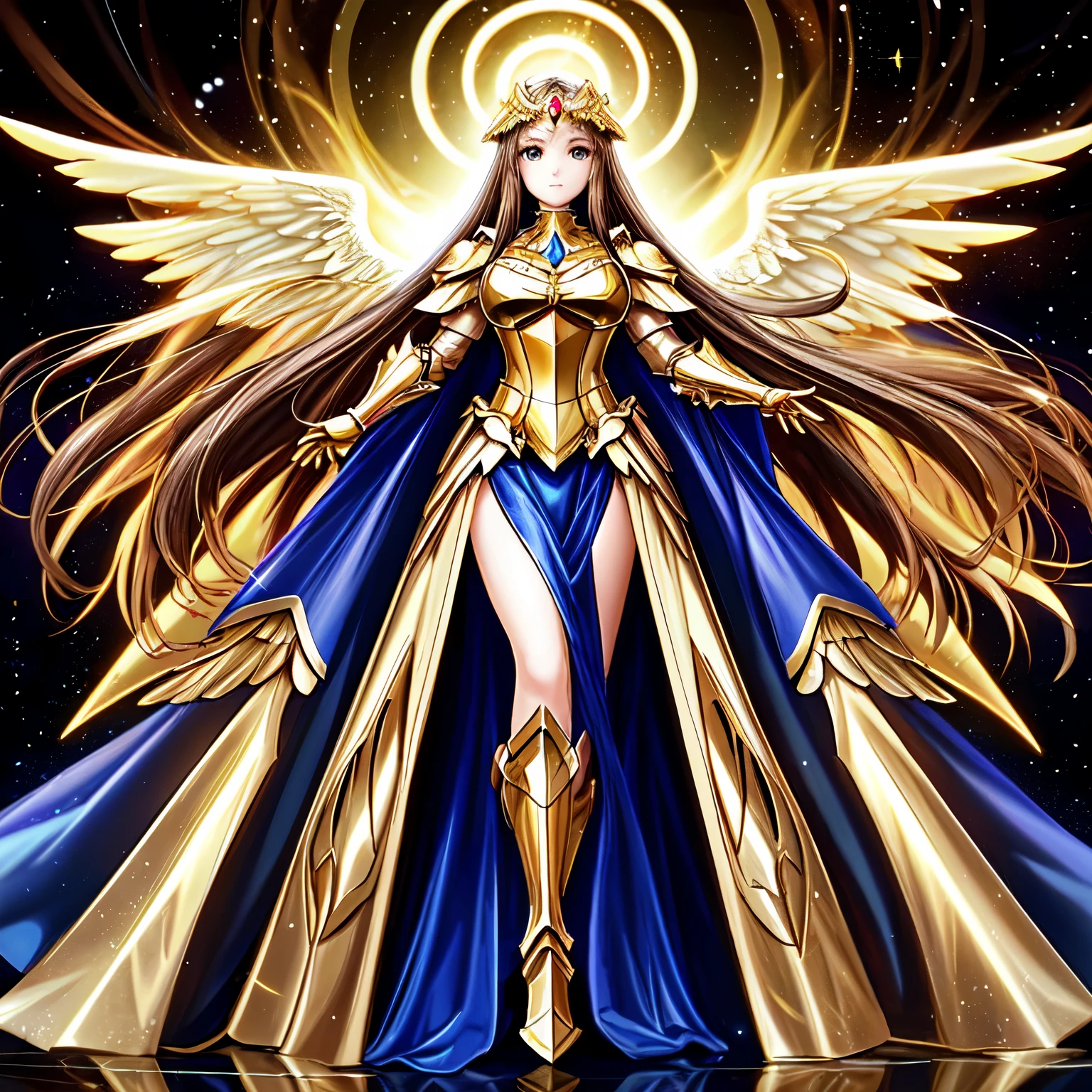 best quality, extremely beautiful, beautiful face, angel woman, two huge golden wing, revealing armor with open front skirt, very long dark hair