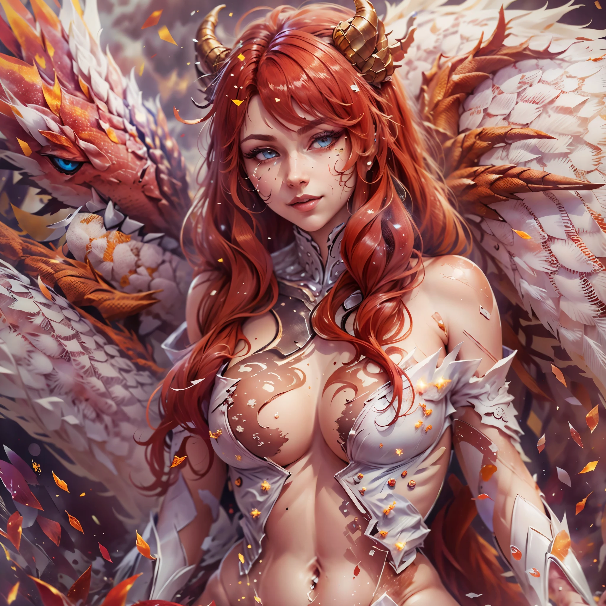(best quality,4k,8k,highres,masterpiece:1.2), ultra-detailed, realistic, naked sexy dragon woman with red and white glittering scales, long fiery red hair with white highlights, very playful but mischievous smile, huge tits, gigantic breasts, naked, nude, detailed crotch, detailed vulva, sexy pose, spread legs, playful, bi-coloured eyes, heterochromia, lustful
