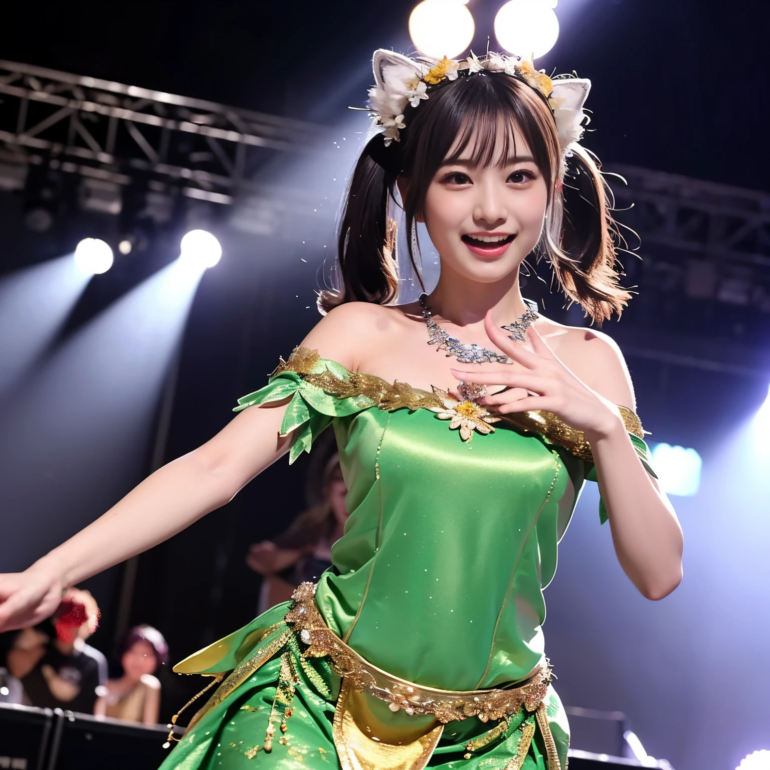 ((masterpiece、highest quality))、shape、Ultra-detailed 8K、realistic、sharp focus、very detailed、professional lighting、colorful details、detailed face、detailed expression、excited look、A young and beautiful Japanese woman is in front of the audience.、((correct anatomy 1.5))、((please open your mouth))、((sweating))、((Midsummer Goddess Costume Play:1.5)、Part of an idol group、(dancing at a concert:1.5)、twin tails、Hair is moving、looking at camera、Spotlight、18-year-old、shine、intricate details、Shitsumeka、belly button、smile