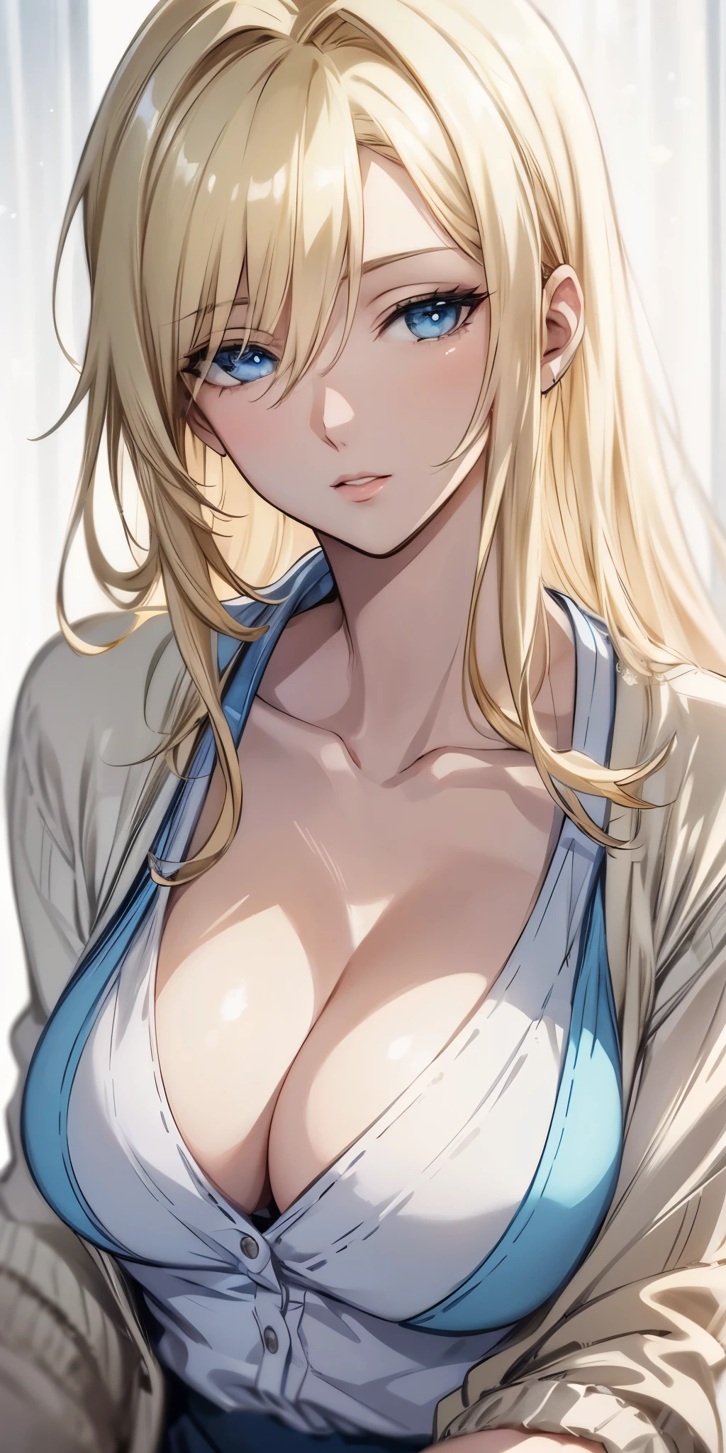 portrait, realistic, Elegant mature woman, blue eyes, blonde, big breast, high resolution cg 8k, beautiful cg, soft light