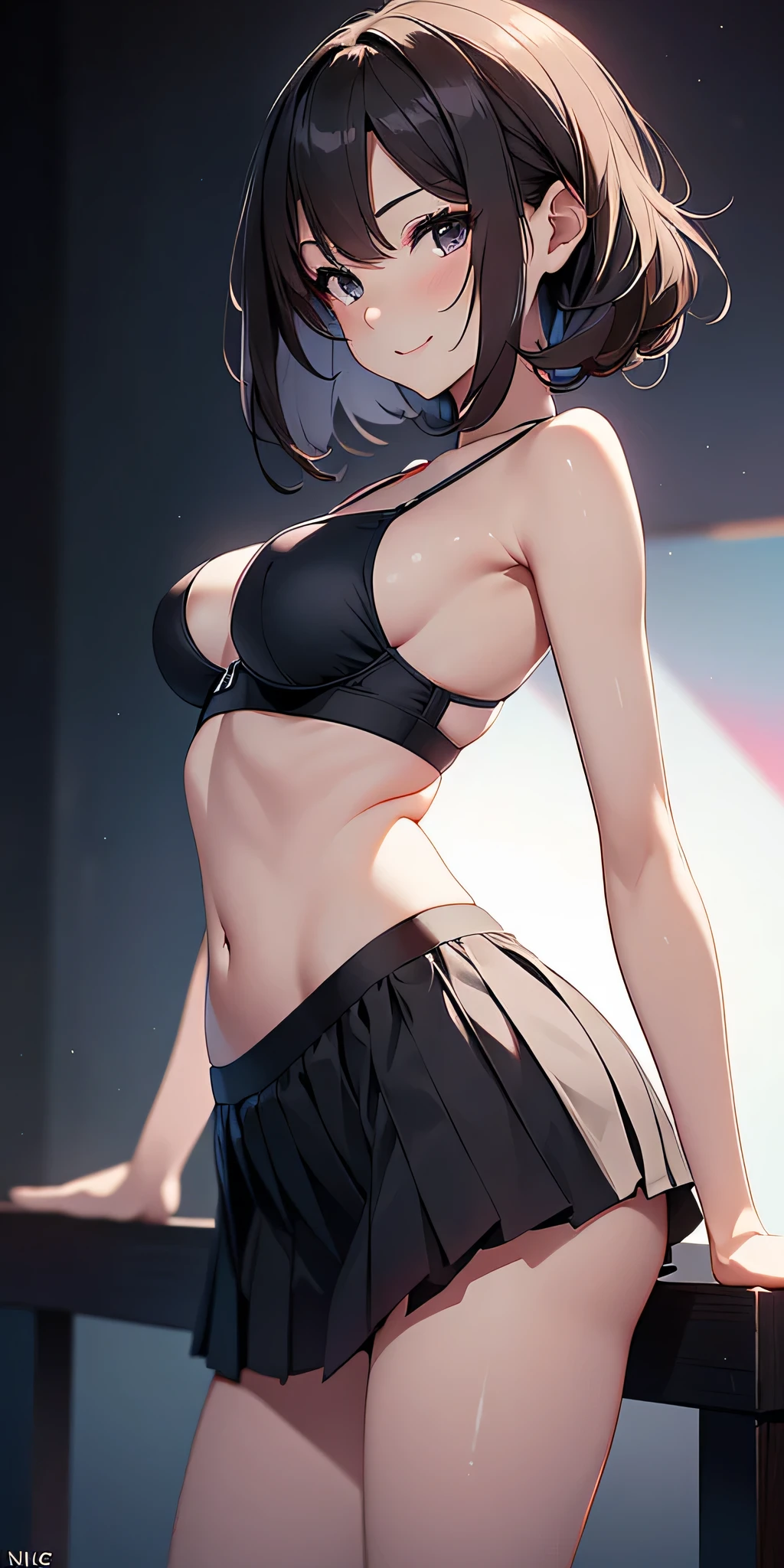 pose: professional seduction. A perfect young girl with a mischievous smile only wears a very short pleated miniskirt and an extremely thin and transparent bra like air. back lighting on a completely black background, ((fron ngle))
