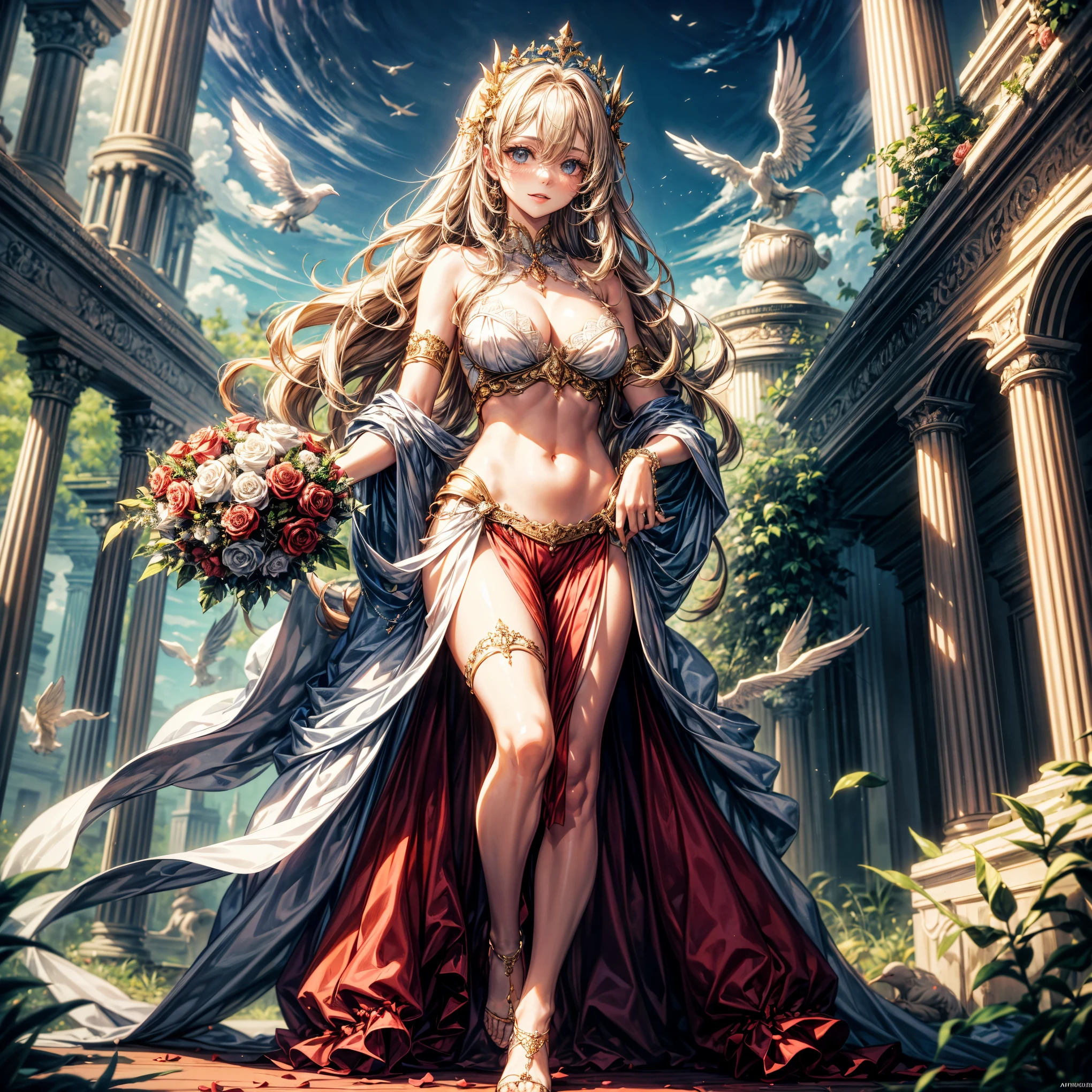 masterpiece,highest quality,Ultra high definition, Aphrodite, goddess of beauty, surrounded by doves and roses,Long, Curly, Blonde, Full, Wavy, Braided, Rose Crown, Mysterious, Graceful, Flowing, Glossy, Soft, Shining, Beautiful, Feminine, Divine,smile, Aphrodite is the goddess of beauty, love, and seduction; Eros is the god of love, often met in a beautiful garden scene with arrows