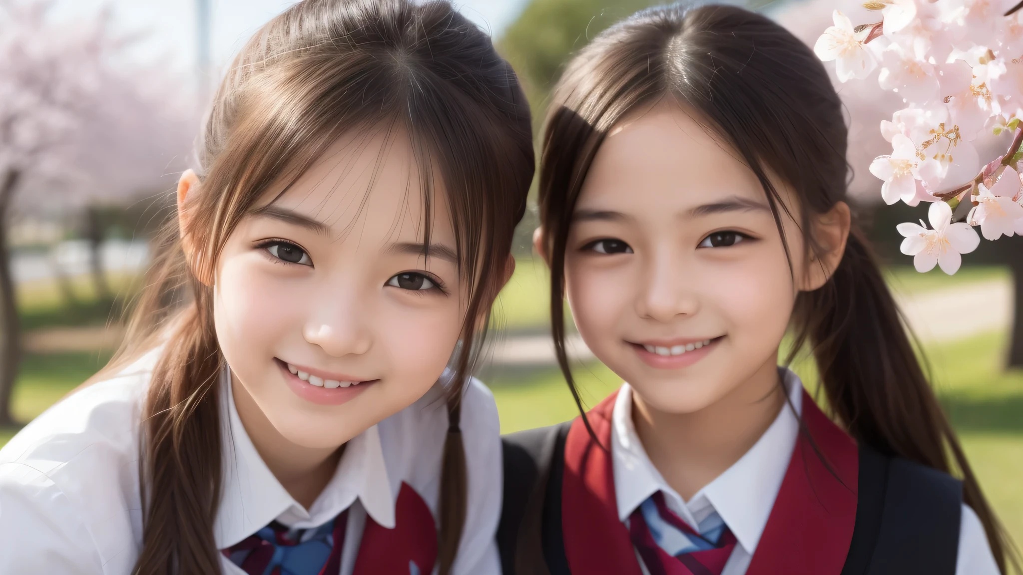 (1little girl:1.5), (**yo), (young face:1.2), shy smile, (Best Quality:1.4), (Ultra-detailed), (extremely detailed beautiful face), Amazing face and eyes, (ponytail), cute smile, brown eyes, (highly detailed Beautiful face), (high school uniform:1.2), (extremely detailed CG unified 8k wallpaper), Highly detailed, High-definition raw color photos, Professional Photography, Realistic portrait, Extremely high resolution, cute smiling, cherry blossoms, School, schoolyard, 