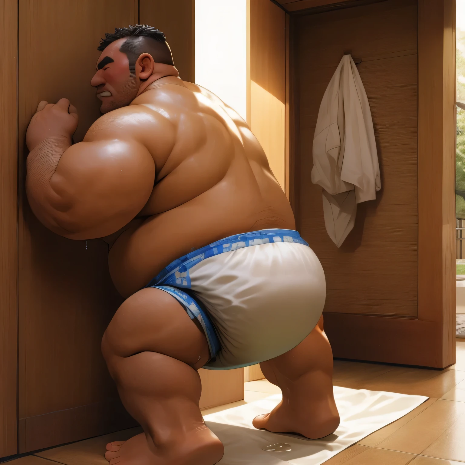 masterpiece, Top quality, in 32K, perfect anatomy, hyper detailed, photo realistic, super fine illustration, The thick man is a brutal prisoner, solo, retarded, hairy, human, 50yo, (fatness: 1.0), Fatty muscle, Bowleg, disappointment, incontinent, 50yo in japan, be diaper check by children, There is a small puddle under him, Naked, short legs, Bowleg, spread legs, wear a White cloth Diaper, White Diaper without pattern, Bare belly, Bare legs, Bare foots, Bare soles, Shirtless, wide forehead and short thinning hair, Man with big face with stubble, Bare foots, Bare soles, shy, sobbing, sissy, Hold back tears, Drool, Round face, He is standing and look down in front of wet sheets, lawn garden, he is very remorseful, He is Bedwetter, corner time punishment, He surrounded by children, Bare foots, big butt, White Diaper, There is a small puddle under him