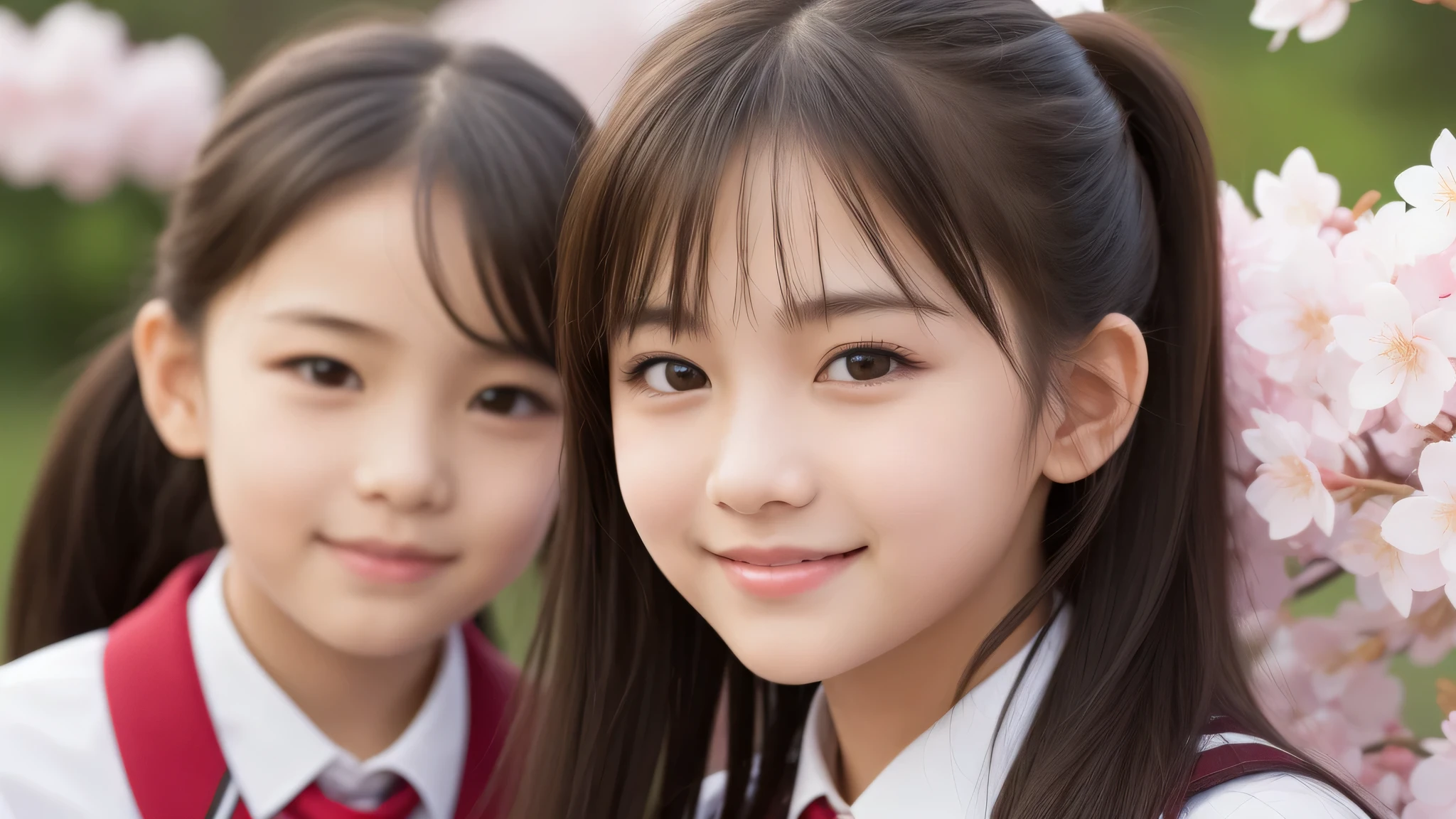 (1little girl:1.5), (), (young face:1.2), shy smile, (Best Quality:1.4), (Ultra-detailed), (extremely detailed beautiful face), Amazing face and eyes, (ponytail), cute smile, brown eyes, (highly detailed Beautiful face), (high school uniform:1.2), (extremely detailed CG unified 8k wallpaper), Highly detailed, High-definition raw color photos, Professional Photography, Realistic portrait, Extremely high resolution, cute smiling, cherry blossoms, School, schoolyard,