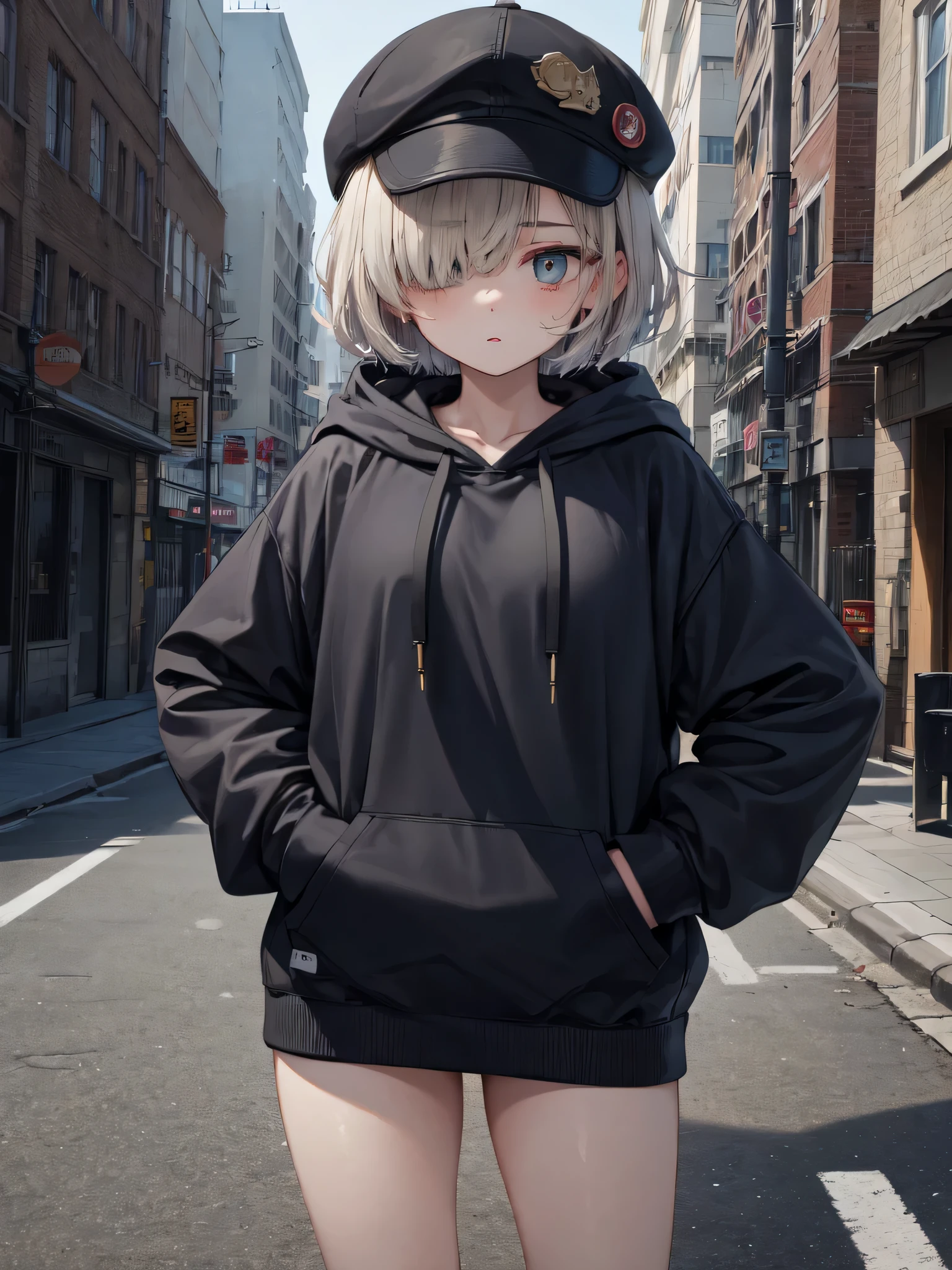 masterpiece,1girl,solo,short hair,blue、one eye is hidden by hair,hoodie, mob cap, street,hand on hip, hand in pocket,looking at the viewer short height The photo shows everything from the head to the thighs.