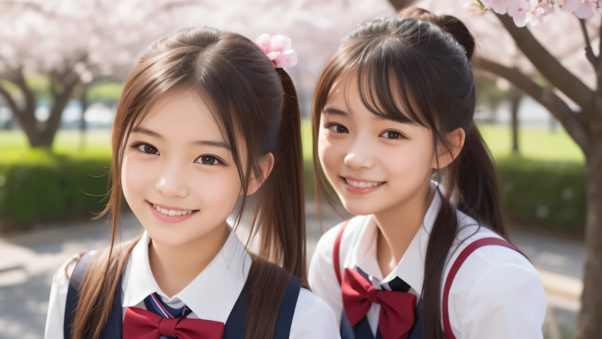 (1little girl:1.5), (yo), (young face:1.2), shy smile, (Best Quality:1.4), (Ultra-detailed), (extremely detailed beautiful face), Amazing face and eyes, (ponytail), cute smile, brown eyes, (highly detailed Beautiful face), (high school uniform:1.2), (extremely detailed CG unified 8k wallpaper), Highly detailed, High-definition raw color photos, Professional Photography, Realistic portrait, Extremely high resolution, cute smiling, cherry blossoms, School, schoolyard, 
