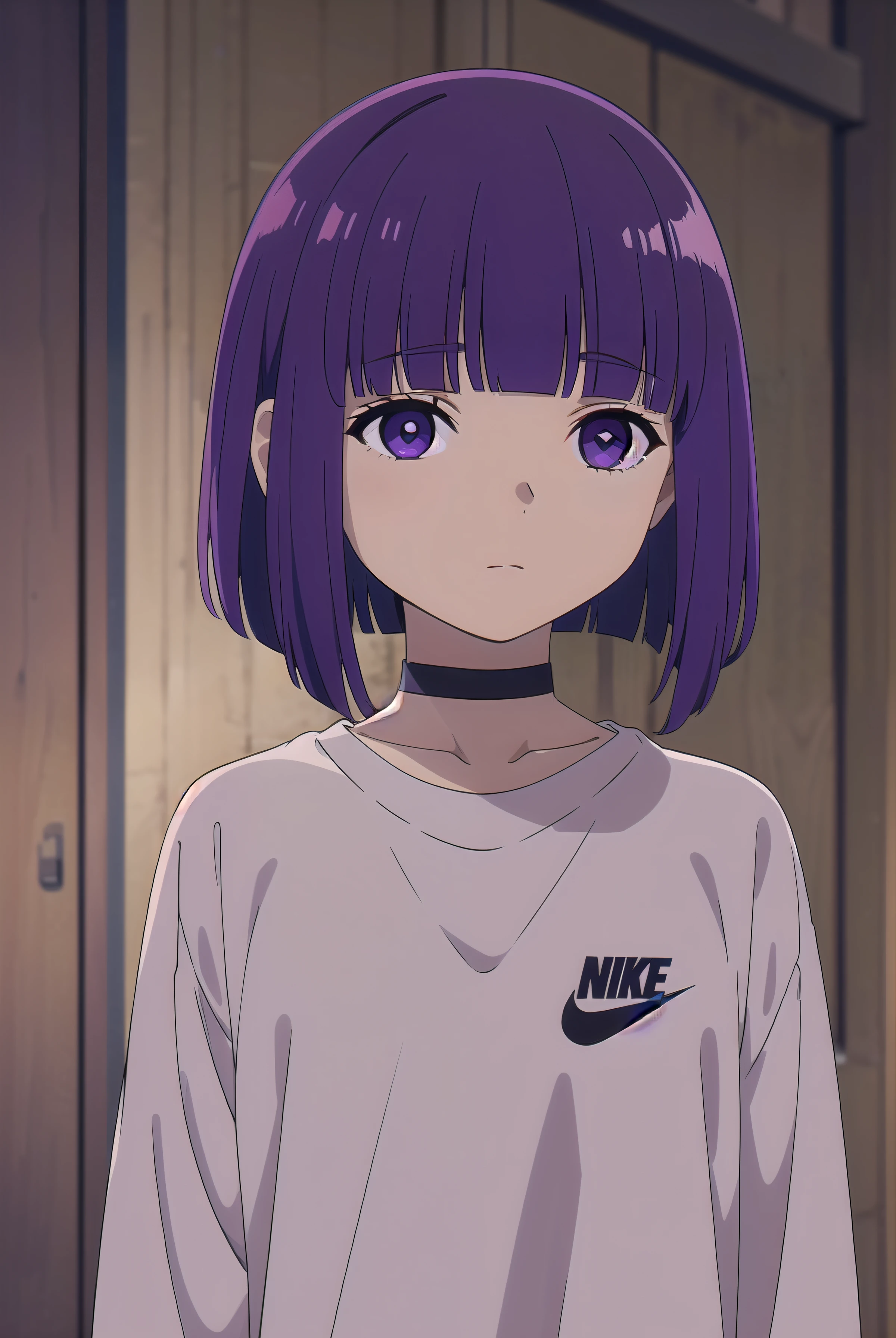 (((pixel-perfect, detail-perfect))), solo, 1girl, fern, HDR, 4K, streetwear, nike, upper body, purple hair cut, bob hair, short hair, short bob hair, bob cut, haircut, undercut, bobbed hair, minibob, hairclips, purple eyes