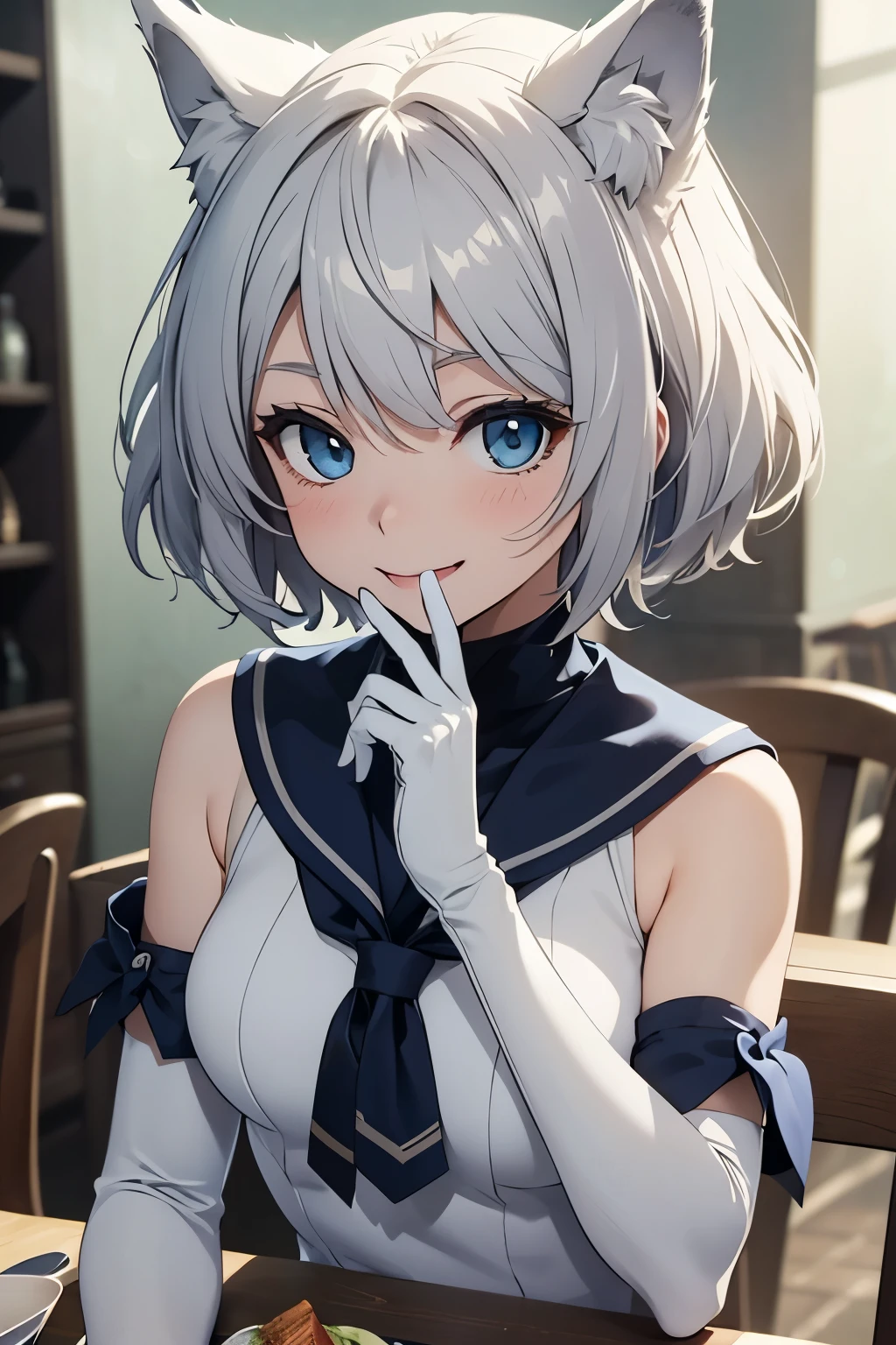 table top High level image quality best image quality 8K lady(I) portrait long gloves((white gloves)(elbow gloves)(elbow)) white pantyhose((blanche)) sailor suit((sleeveless) navy blue mini skirt wolf ears short hair((shortcut)(gray hair)(perm)(fluffy)) eye color is blue laughter((open your mouth)(smile)