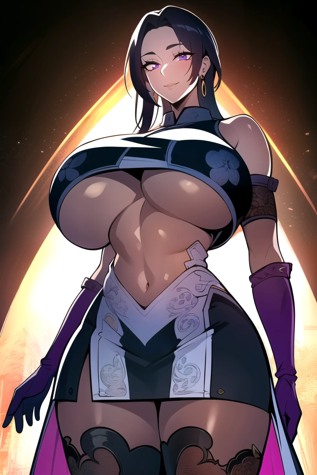 ultra realistic 8k cg, masterpiece, (( intricate detail, highly detailed, fine details best quality, hyperdetailed face)), gigantic breasts ,beautiful lighting, absurdres, BoaHancockV2, 1girl, solo, black hair, long hair, jewelry, closed mouth, ), (chinese dress, (underboob : 1.4), elbow gloves, thigh boots, split skirt, bare shoulders, curvy, midriff, curvy, thighs, shiny clothes), violet eyes, (complex detailed background, inside, luxury palace), ((cowboy shot)), curvy, (gigantic breasts: 1.1), seductive smile, cowboy shot, (tan skin :1.1) (tan face:1.1)