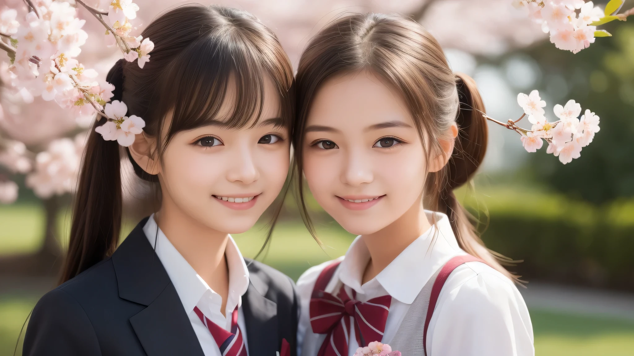 (1little girl:1.5), (16yo), (young face:1.2), shy smile, (Best Quality:1.4), (Ultra-detailed), (extremely detailed beautiful face), Amazing face and eyes, (twintails), cute smile, brown eyes, (highly detailed Beautiful face), (high school uniform:1.2), (extremely detailed CG unified 8k wallpaper), Highly detailed, High-definition raw color photos, Professional Photography, Realistic portrait, Extremely high resolution, cute smiling, cherry blossoms, School, schoolyard, 