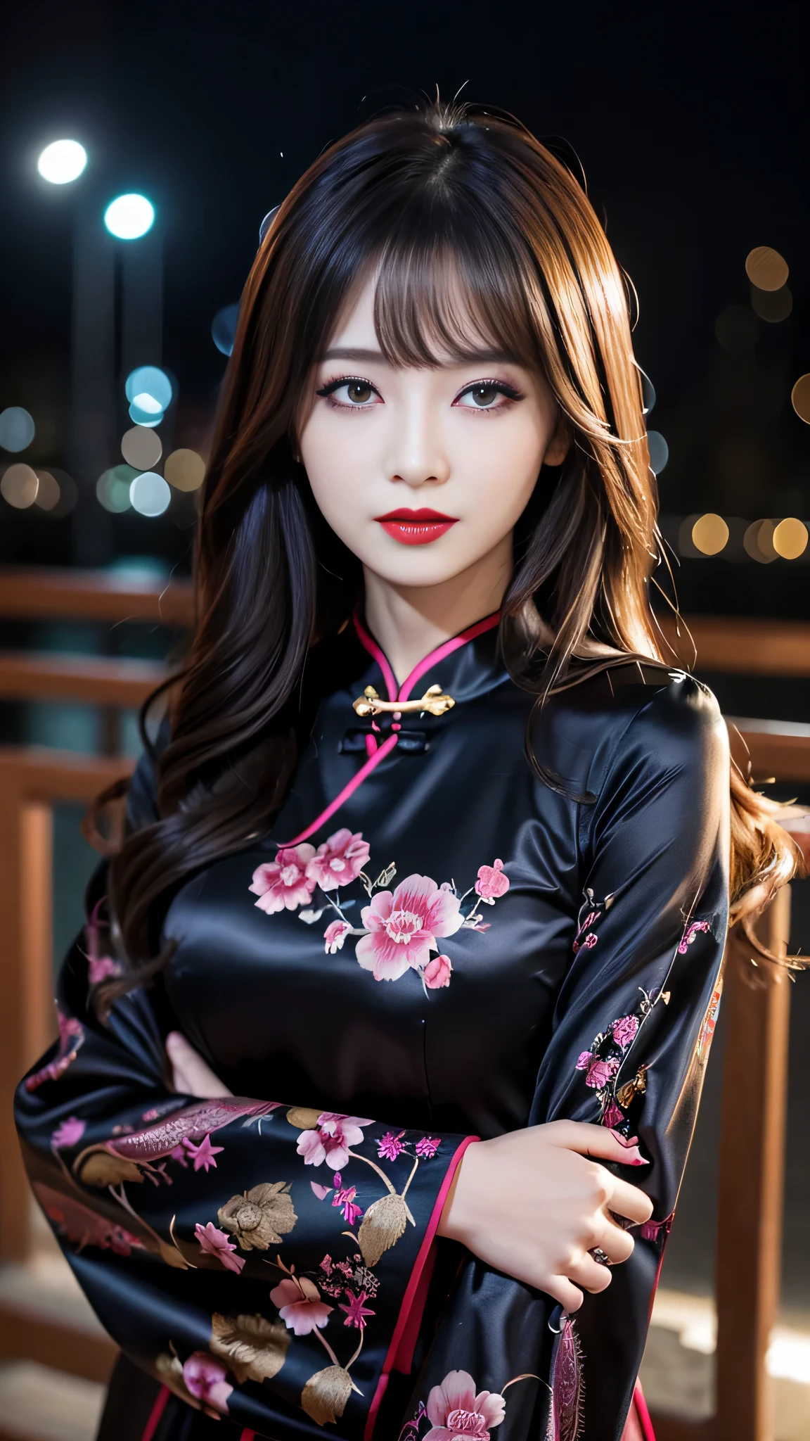 tra-detailed、Japanese、attractive beauty、seductive adult woman、pretty woman、piercing eyes、cool girl、wavy hair、swept bangs、Long Black Cheongsam、wide sleeves、Evil cadres、evil depravity、brainwash、mind control、lipstick、lip gloss、dark makeup、smirk、evil look、evil、hollow eyes,half-closed eyes、empty eyes、evil、night walk、vampire、succubus、vampire、makeup brush、Swear allegiance、stand