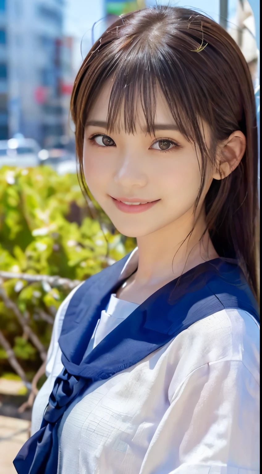 (hyper realistic:1.4), (realistic:1.3), (smooth lighting:1.05), (Improve video lighting quality:0.9), 1 female, 20 year old female, realistic lighting, Backlight, facial light, ray tracing, (cheerfulness:1.2), (Improved image quality:1.4), (Finest realistic textured skin), finely tuned, small face, red cheeks, slender body, medium chest and pointed chin,Japanese idol type, Nogizaka Idol, glowing skin, fiery idol pose, p, dull bangs, black hair, hair behind the ear, shoulder hair, long hair,tear bag,((smile:1.3))