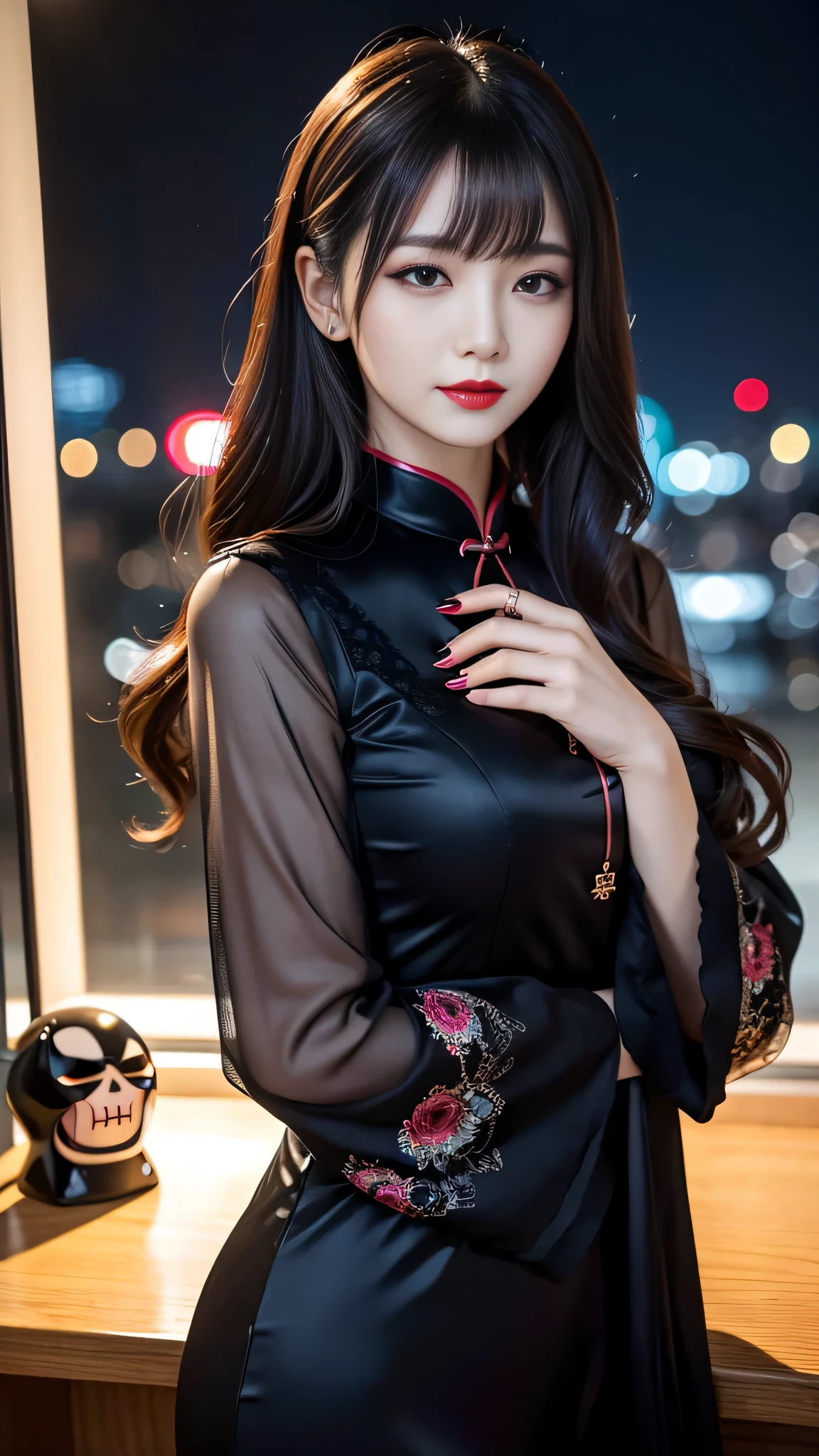 tra-detailed、Japanese、attractive beauty、seductive adult woman、pretty woman、piercing eyes、cool girl、wavy hair、swept bangs、Long Black Cheongsam、wide sleeves、Evil cadres、evil depravity、brainwash、mind control、lipstick、lip gloss、dark makeup、smirk、evil look、evil、hollow eyes,half-closed eyes、empty eyes、evil、night walk、vampire、succubus、vampire、makeup brush、Swear allegiance、stand