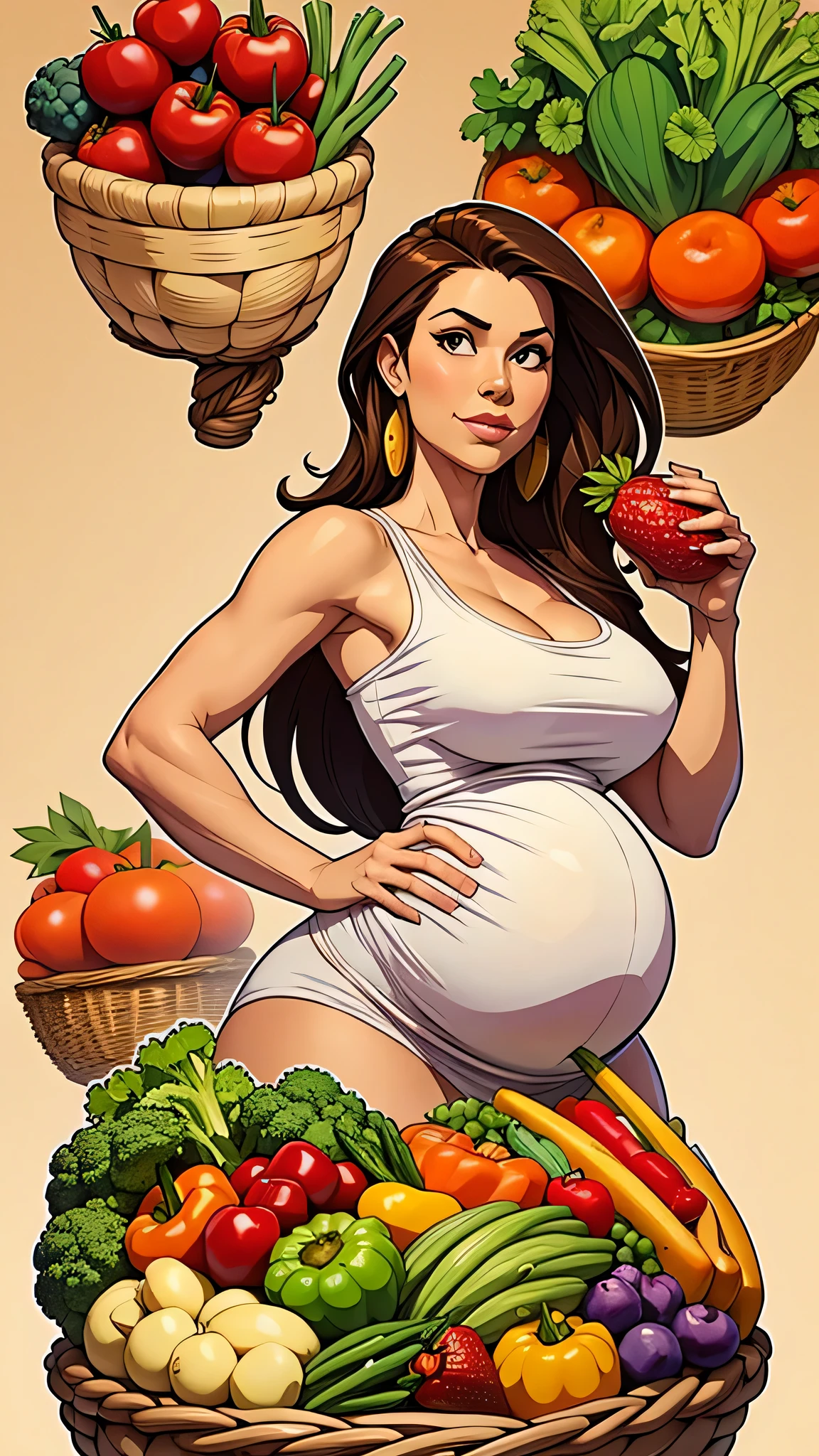 Image of a pregnant woman holding a variety of healthy foods, como frutas, vegetables and whole grains, to highlight the importance of a balanced diet during pregnancy. Arte de desenho