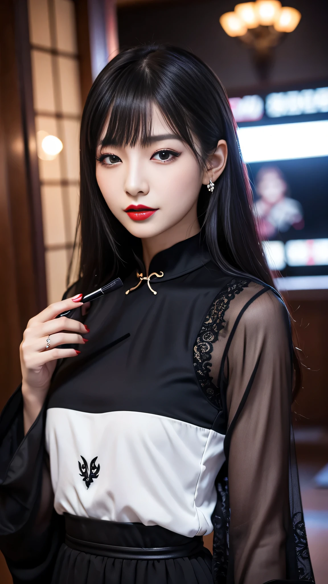 tra-detailed、Japanese、attractive beauty、seductive adult woman、pretty woman、piercing eyes、cool girl、wavy hair、swept bangs、Long Black Cheongsam、wide sleeves、Evil cadres、evil depravity、brainwash、mind control、lipstick、lip gloss、dark makeup、smirk、evil look、evil、hollow eyes,half-closed eyes、empty eyes、evil、night walk、vampire、succubus、vampire、makeup brush、Swear allegiance、stand