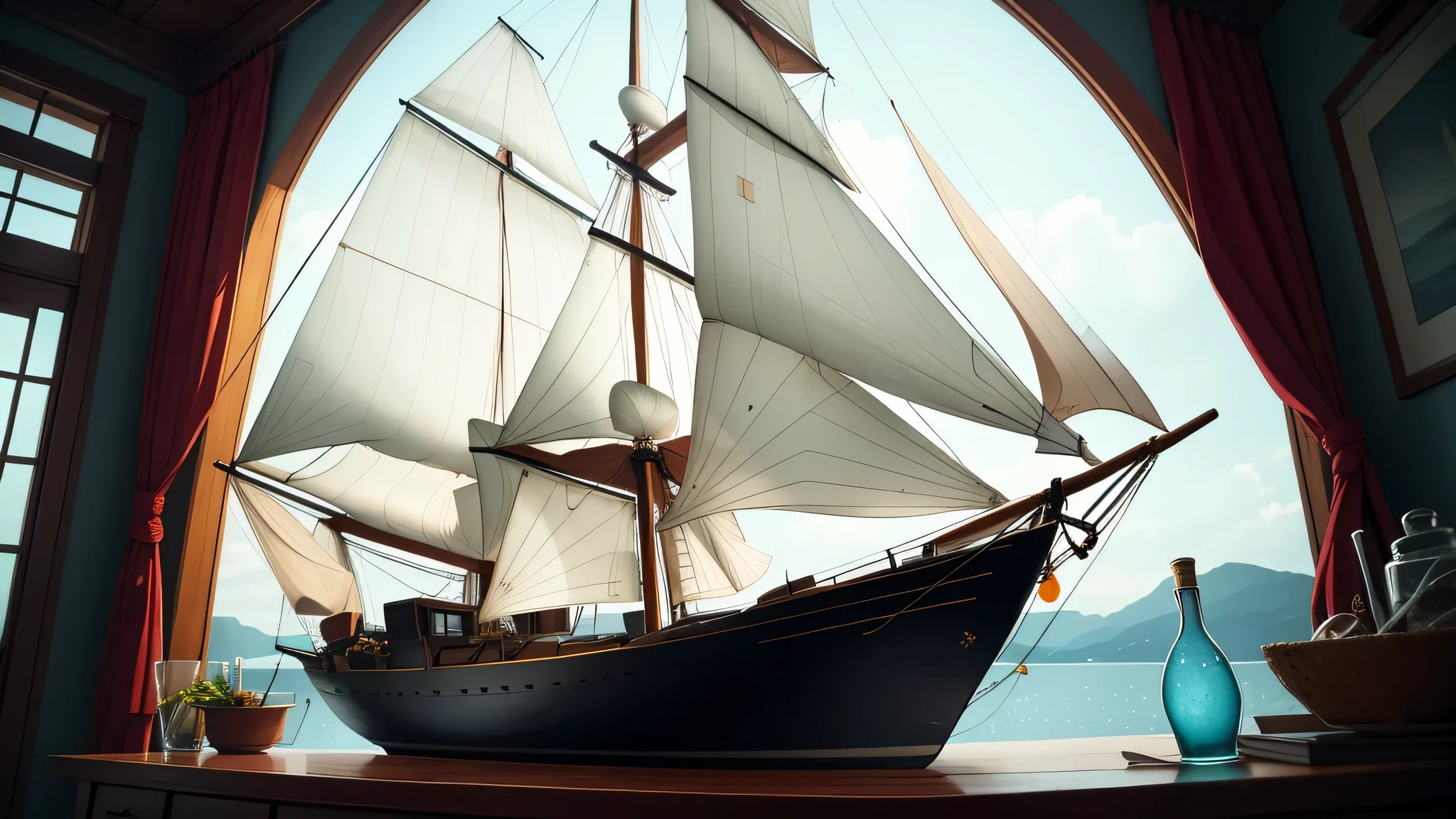 In the heart of a serene and tranquil room, a sailboat is gracefully encapsulated within a clear bottle, suspended in a still and stillness-loving environment. The gentle ambiance is accentuated by a spotlight, casting a warm and embracing glow upon the vessel and its surrounding glass walls. The dimly lit interior, enveloped in a veil of shadow, offers a sense of mystery and intrigue, as if beckoning the observer to unravel the secrets that lie within.
The sailboat, with its hyper-detailed sails and rigging, is a testament to the patient and meticulous craftsmanship of the artist. Each line, each