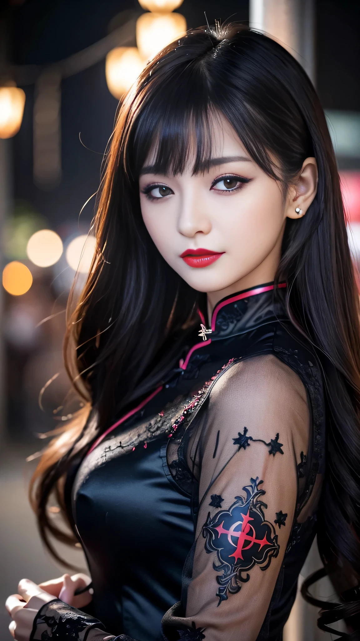 tra-detailed、Japanese、attractive beauty、seductive adult woman、pretty woman、piercing eyes、cool girl、wavy hair、swept bangs、Long Black Cheongsam、wide sleeves、Evil cadres、evil depravity、brainwash、mind control、lipstick、lip gloss、dark makeup、smirk、evil look、evil、hollow eyes,half-closed eyes、empty eyes、evil、night walk、vampire、succubus、vampire、makeup brush、Swear allegiance、stand