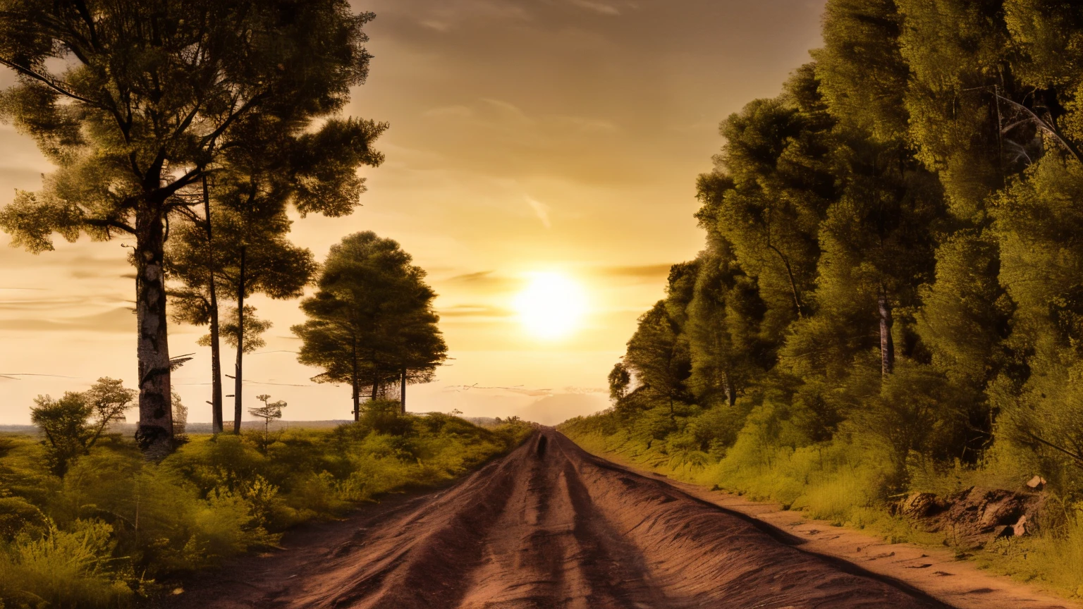 A column of 10 imposing battle tanks advancing along a dirt road, each with their robust armor and cannon pointed forward. The setting sun casts a golden light over the landscape, while tall, dense trees surround the road, creating a sense of imminence and mystery. O barulho dos motores dos tanques ecoa pela floresta, misturando-se com os sons naturais da vida selvagem, while the dust kicked up by the vehicles adds a touch of drama to the scene.