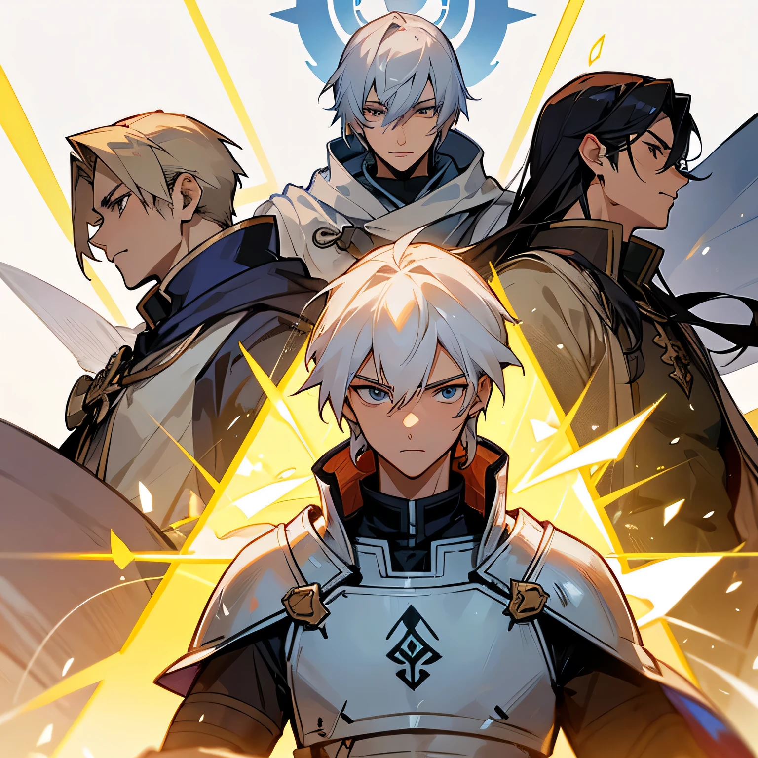 A handsome male character,Clear face,Flat expression,group of four heros paladin, Warrior, Archer and Mage