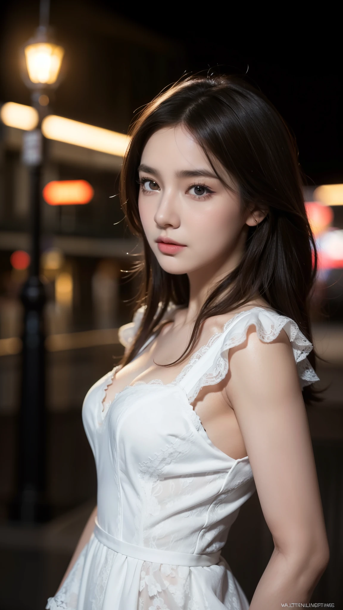 artwork, (front focus), surrealist female portrait, fantasy art, realism, dynamic lighting, art station, Poster, volumetric lighting, highly detailed face, cute black eyes, bright pupils,4K, award-winning, 1 girl, discreet, full body shot, (official attire: 1.4, white lace dress), street lighting, dark brown hair,