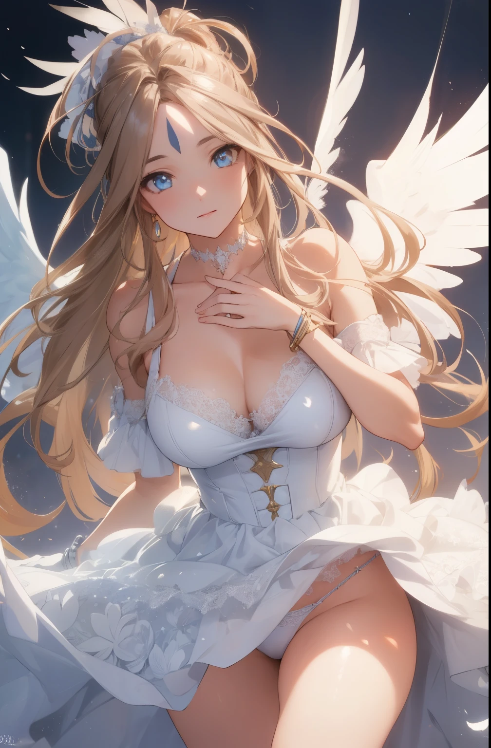 Wind browning and skirt lift,upskirt,realistic White lace panties , realistic white lace bra,high detailed panties,high detailed bra,Belldandy, long hair, blue eyes, brown hair, traces of face, Forehead mark, gloves, wing, choker, bracelet, ring, feather, angel wing, (for rest:1.1), frying , 20-year-old,, ,masterpiece ,8k unity wallpaper,detailed eyes,detailed face,detailed skin,anime key visual, ,highest quality, High resolution, unity 8k wallpaper, (figure:0.8), (detailed and beautiful eyes:1.6), highly detailed face, perfect lighting, Highly detailed CG, (perfect hands, perfect anatomy),masterpiece,High resolution,perfect anatomy,anime key visual,Kyoto animation,(detailed and beautiful eyes,glowing eyes,detailed hair,detailed skin,detailed wear ),highest quality,unity 8k wallpaper,super dense skin,white skin,best quality,blurry_background