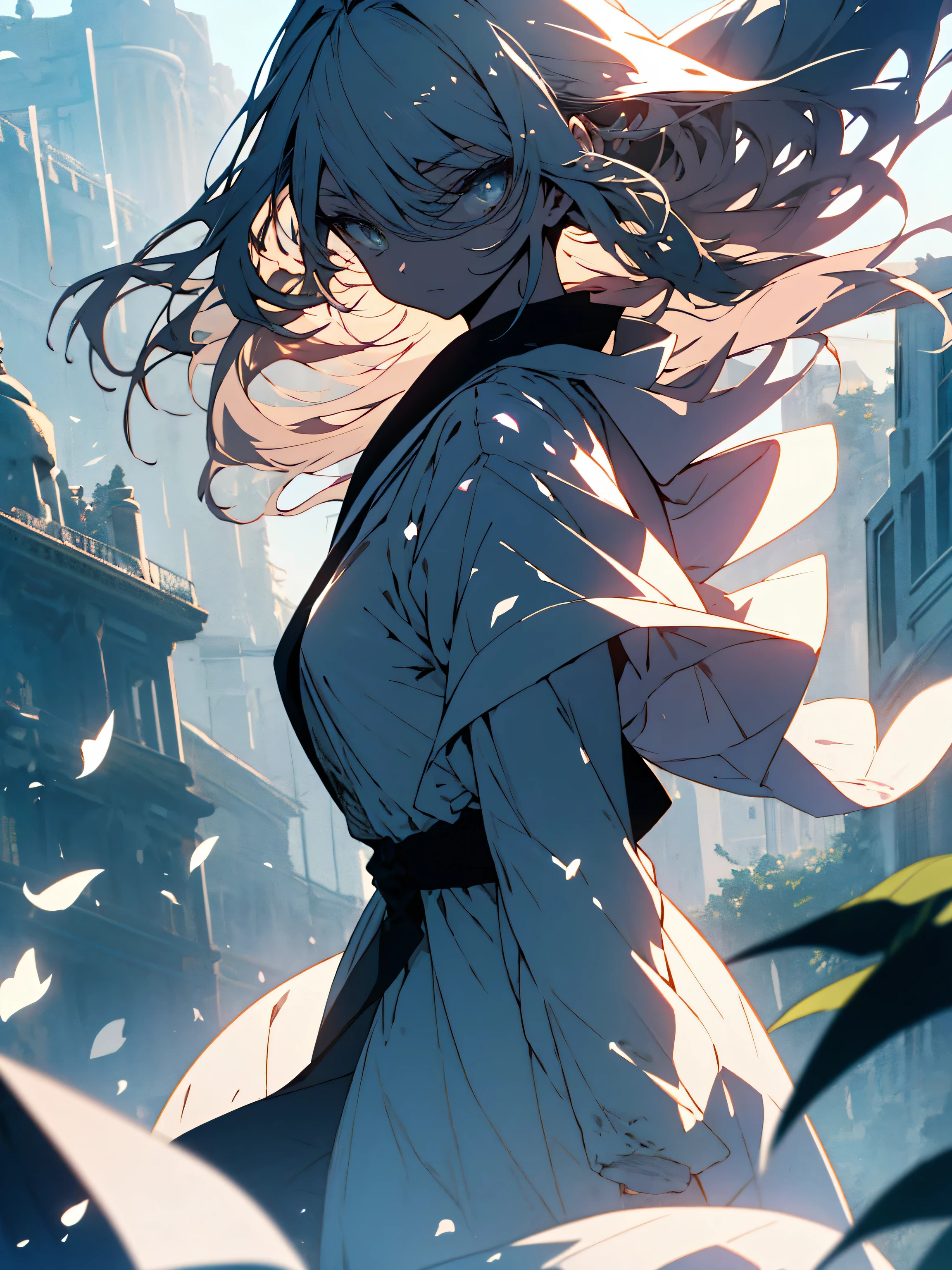(highest quality、masterpiece、High resolution、detailed)、(Shining eyes、detailed beautiful face)、8K、(beautiful queen), clear skin, beautiful appearance, There was deep wisdom in her eyes., As if I could see through everything in the world, wearing a luxurious white robe, has a long sword, Robes dancing in the wind and silver hair fluttering in the wind, The white robe perfectly outlines the graceful figure, The attitude is calm and idyllic, like a perfect fairy、(beautiful anime)
