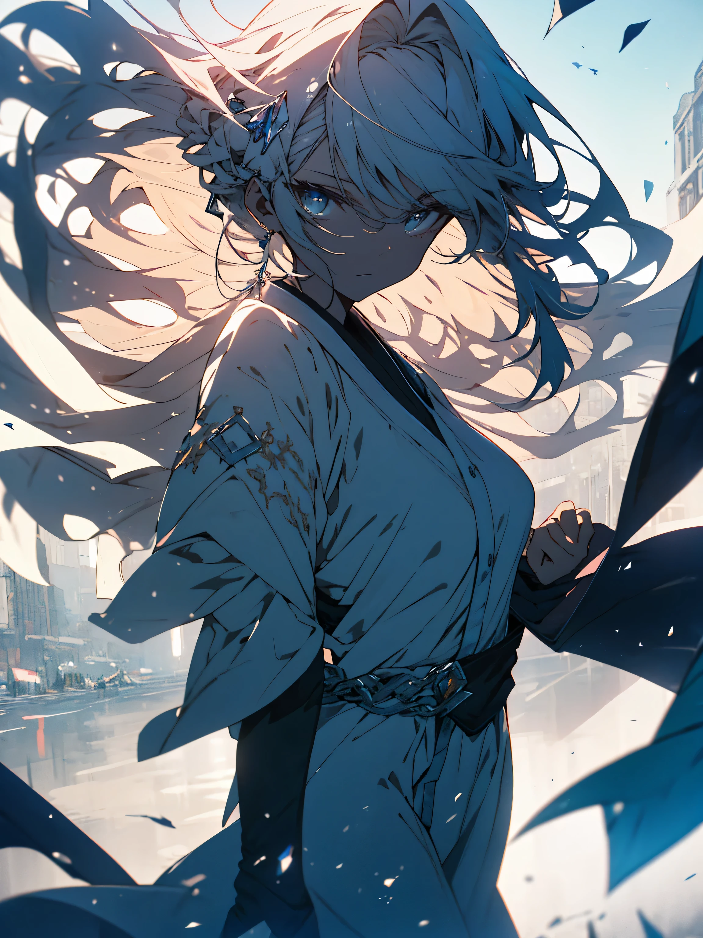 (highest quality、masterpiece、High resolution、detailed)、(Shining eyes、detailed beautiful face)、8K、(beautiful queen), clear skin, beautiful appearance, There was deep wisdom in her eyes., As if I could see through everything in the world, wearing a luxurious white robe, has a long sword, Robes dancing in the wind and silver hair fluttering in the wind, The white robe perfectly outlines the graceful figure, The attitude is calm and idyllic, like a perfect fairy、(beautiful anime)
