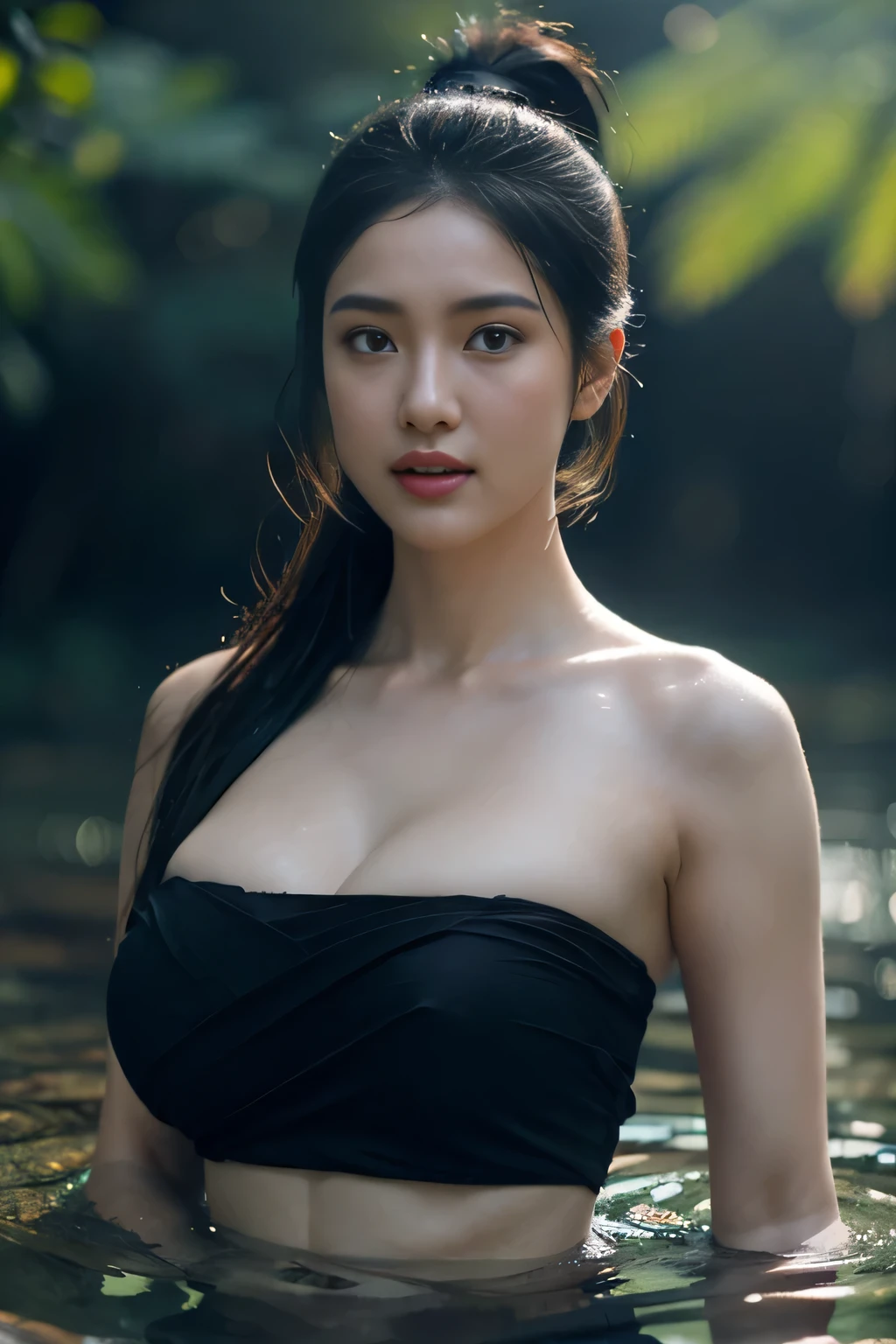 beautiful girl ,Thai Female Warrior, bathing in a swiming pool at the forest, dynamic poses, Red and black strapless shirt, Long ponytail,black eyes,abdominal muscles,plumpy body, rounded breast, (big breast:1.3), cleavage, Morning sunshine,Eyes on the audience, rain, (dynamic poses), ((face details)),Double eyelids, reeds, (backlighting), realistic, masterpiece, highest quality, lens flare, shade, bloom, [[chromatic aberration]], by Jeremy Lipking, by Antonio J. Manzanedo, digital painting, HDR, high contrast
