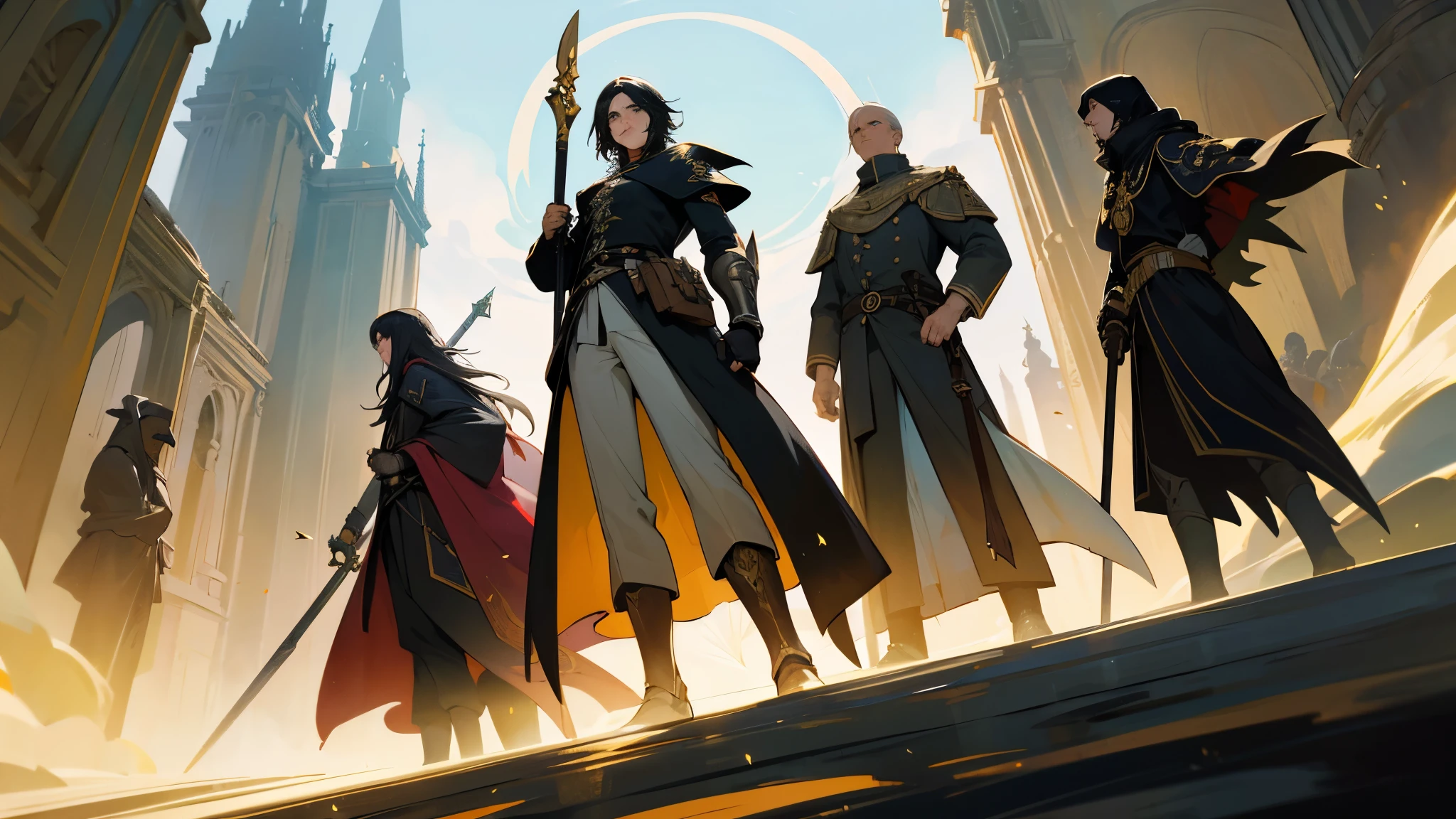 Depict four heroes in an epic scene: To the left, a wizard with short black hair and black clothes holding a magic staff, acompanhado por um corvo em seu ombro. Ao lado dele, um cavaleiro usando uma armadura brilhante, empunhando uma espada longa e segurando um escudo ornamentado. Em seguida, um assassino de cabelos pretos com um arco nas costas observando atentamente os arredores. Por fim, um paladino imponente vestindo uma armadura reluzente e segurando uma espada longa.
