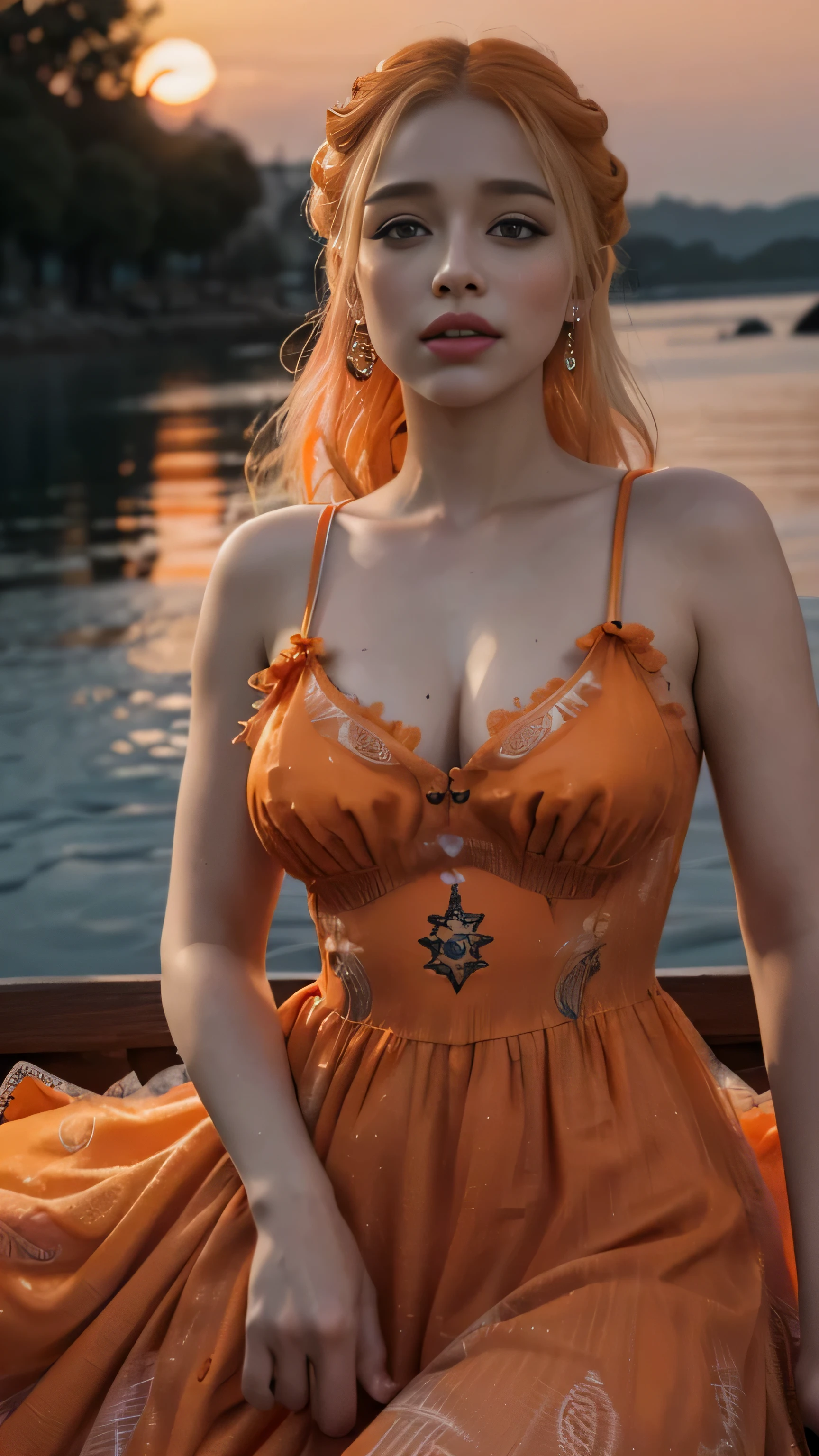 HDR 10, beautiful Harley Quinn, beautiful eyes, detailed eyes, detailed lips, beautiful hair, orange sunset, ultra detailed texture, water drops, outdoors, game of thrones, beautiful dress, (high detailed orange dress:1.5), lace, loops, soft lighting, csitting,