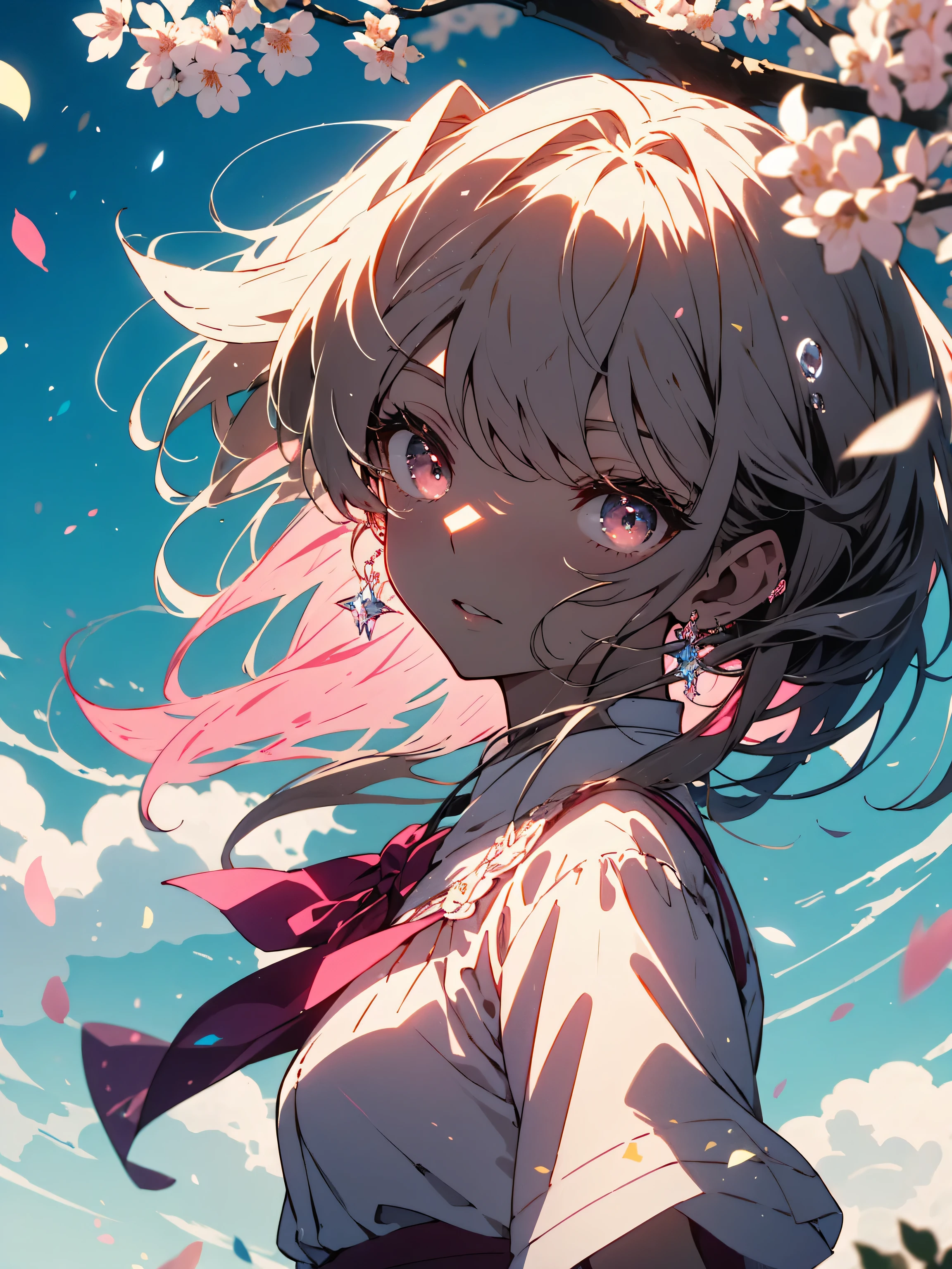 (masterpiece),(highest quality:1.0), (超High resolution:1.0), (Shining eyes、detailed beautiful face)、be familiar with illustration, 8K, anime, (1 girl),(casual dress、spring fashion)、(Blouse with white ruffles、lime green pleated skirt) 、beautiful anime, cute pose, cute face, be familiar with face, beautiful eyes, dark red eyes, be familiar with eyes, red lips, red lipstick, little brown hair, (pink flowers in ears,earrings)、 (white ankle short boots)、hair highlights, Are standing, Cherry blossoms are blooming on the tree behind me, blue sky with clouds, be familiar with, Complex, anime style, highly be familiar with、(whole body)、(highest quality、masterpiece、High resolution、detailed)、(beautiful anime)