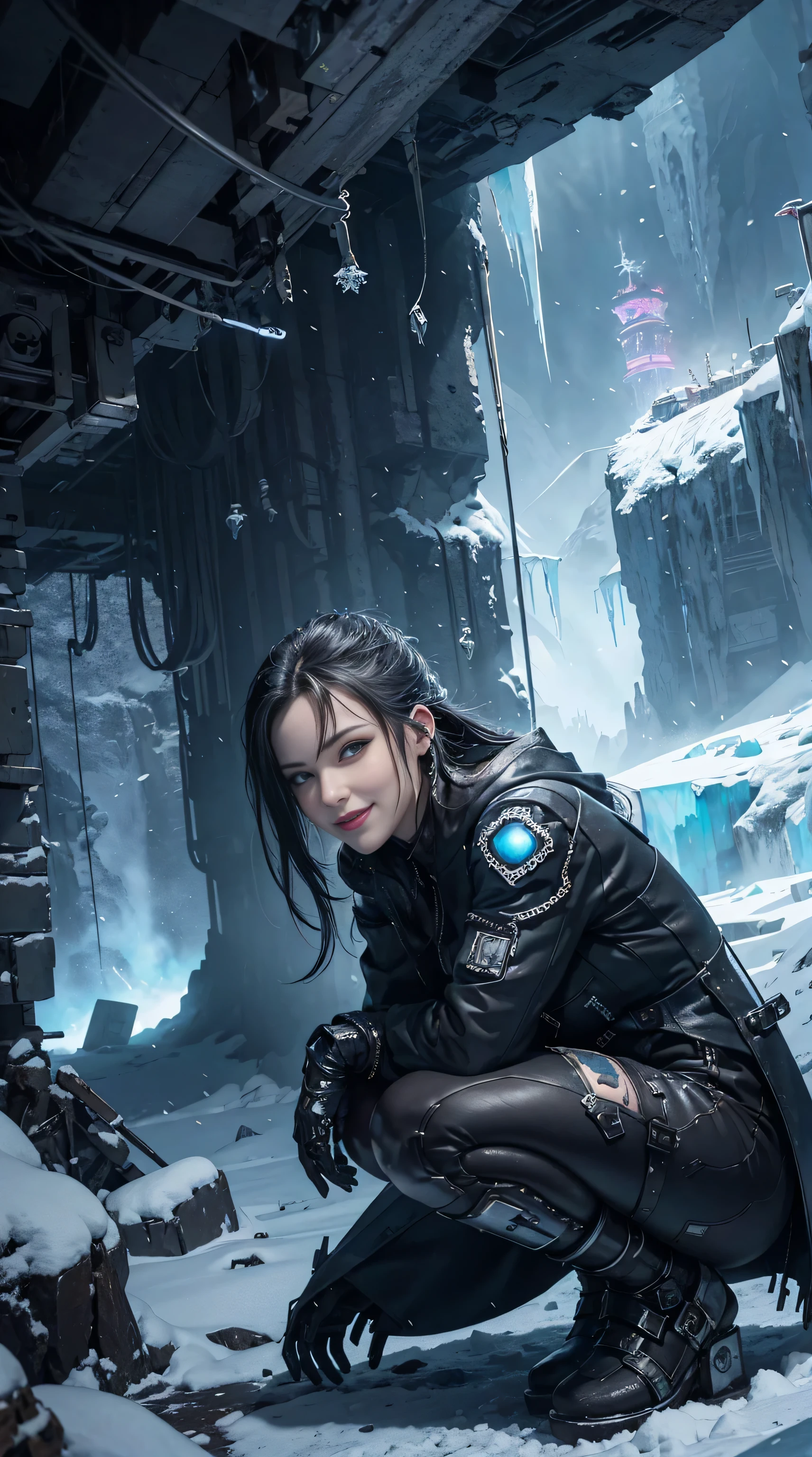 Cyberpunk, mechanical, broken, there is a picture of a very large iceberg, cyberpunk, mechanical, broken, with a lot of snow, dungeon background, icicle background, arena background, game background, dark dark cave background,a female warrior squatting down,((smile:1))