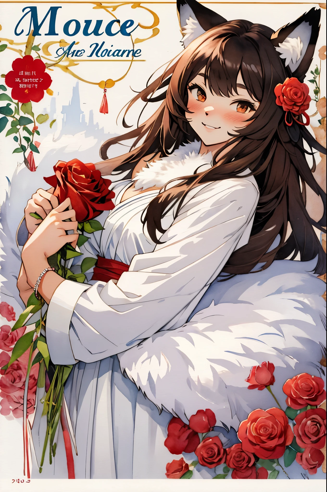 cover page, marriage information magazine, Watercolor elements, 1girl, kemono, furry, detailed body fur, animal face, animal hand, cute girl holding a red rose and looking at viewer,