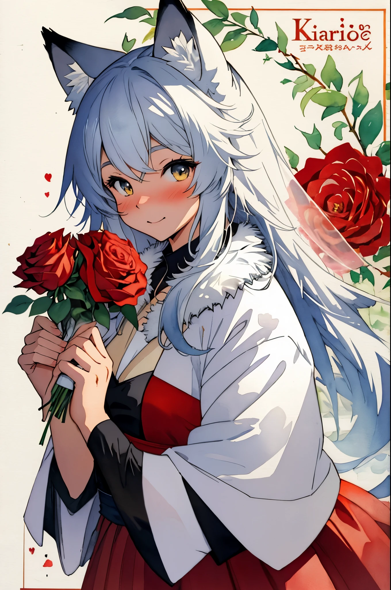 cover page, marriage information magazine, Watercolor elements, 1girl, kemono, furry, detailed body fur, animal face, animal hand, cute girl holding a red rose and looking at viewer,