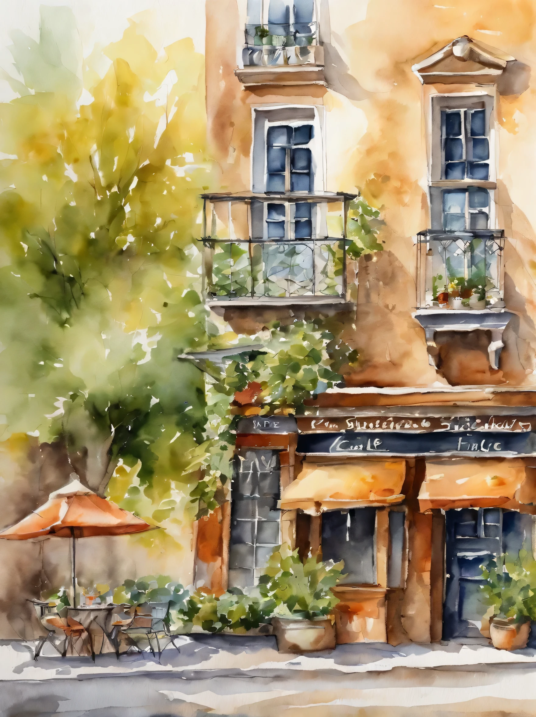 buliding，Cafe on the street，中景 the scene is，frontage