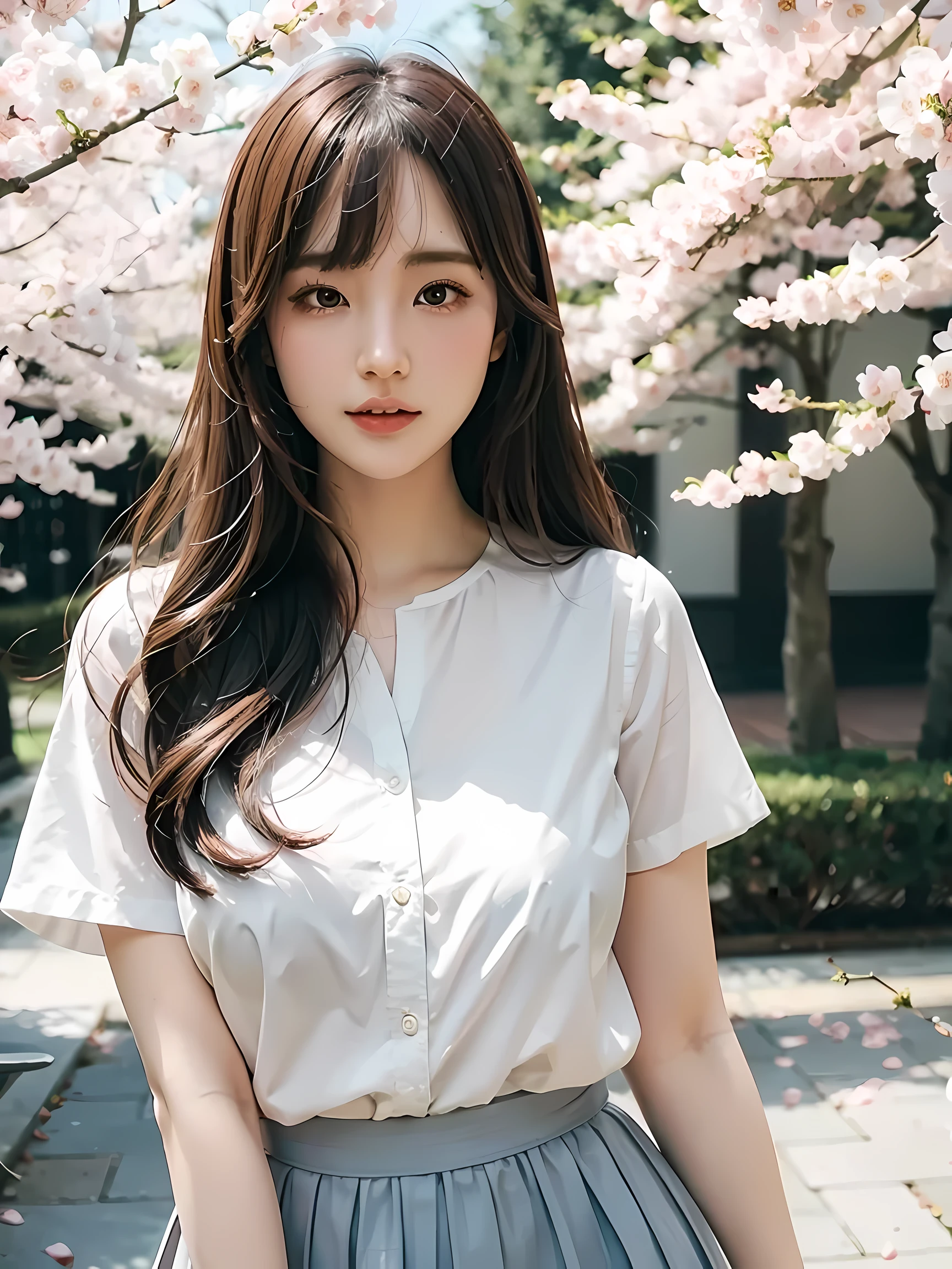 one pretty girl, solo, supermodel, pale skin, long wavy hair, blunt bangs, make up, parted lips, big tits, , white shirt, pleated skirt, looking at viewer, a blooming cherry blossom grove, with delicate pink petals floating in the breeze, soft lighting, film grain, upper body, 