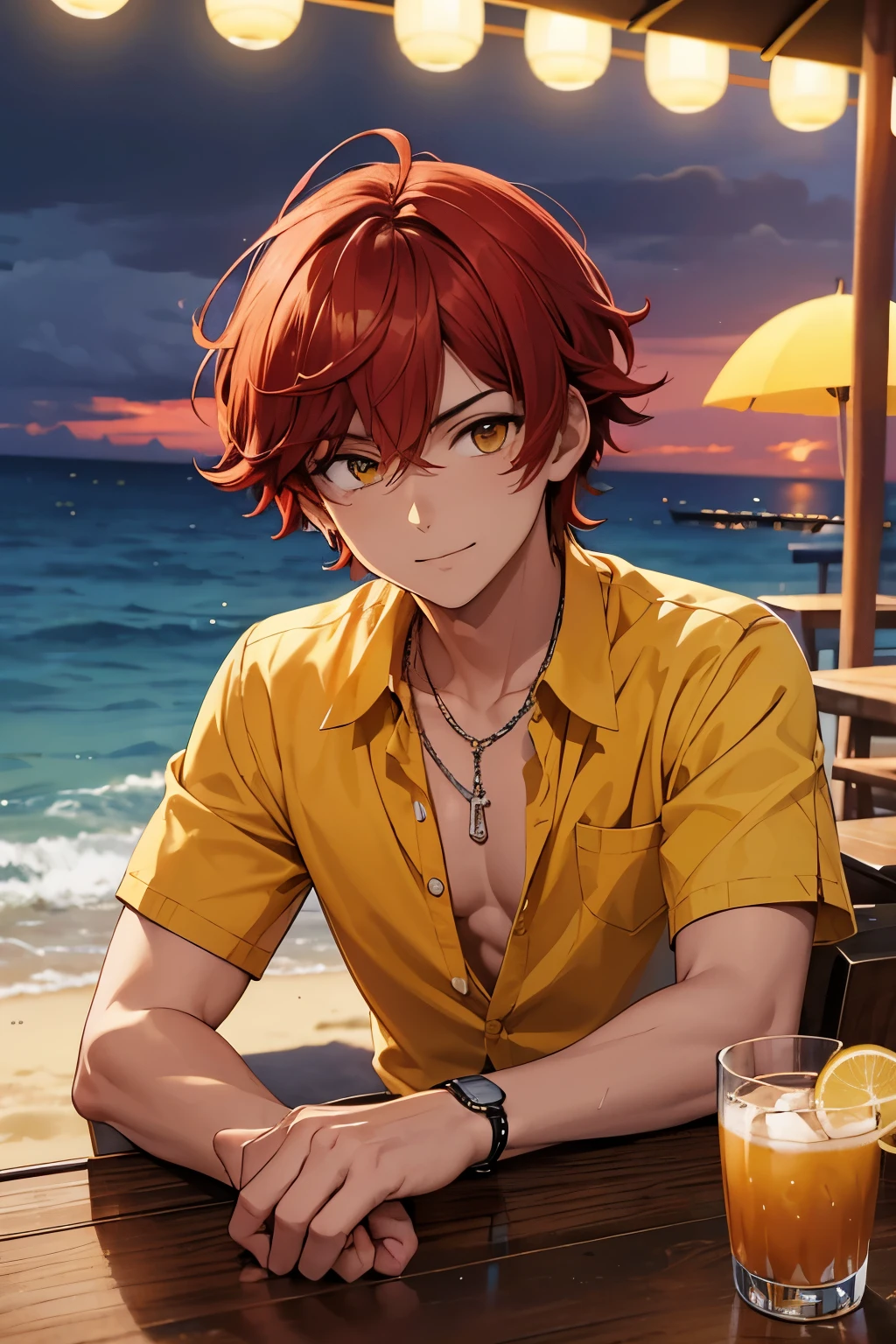 Hombre alto, Hombre con el cabello rizado, Hombre con cabello de color rojo fantasia, Hombre con mirada coqueta, Hombre con sonrisa de lado, Man in swimsuit, Hombre en un bar por la noche, Hombre en la playa por la noche, ropa de playa, con camisa,Hombre con ojos amarillos fantasia, yellow eyes, beach bar, camisa cerrada, al anochecer, beach bar, al anochecer, yellow eyes brillante, camisa cerada, SHORT DE PLAYA, Cabello ROJO fantasia, Camisa CERRADA, HOMBRE, BAR DE NOCHE, CON COPA DE VINO, BAR DE PLAYA ANOCHECER,Cabello ROJO Fantasia, YELLOW EYES, CAMISA CERRADA, SHORT DE PLAYA,CON UN COCTEL, CABELLO ROJO, CABELLO ROJO, RED HAIR, BRIGHT RED HAIR, BRIGHT RED HAIR, SONRISA DE LADO, SONRISA COQUETA, OJOS AMARILLOS BRILLANTES, OJOS BRILLANTES, OJOS AMARILLOS BRILLANTES, OJOS BRILLANTES, BRIGHT YELLOW EYES,BRIGHT EYES, con una cadena en el cuello.