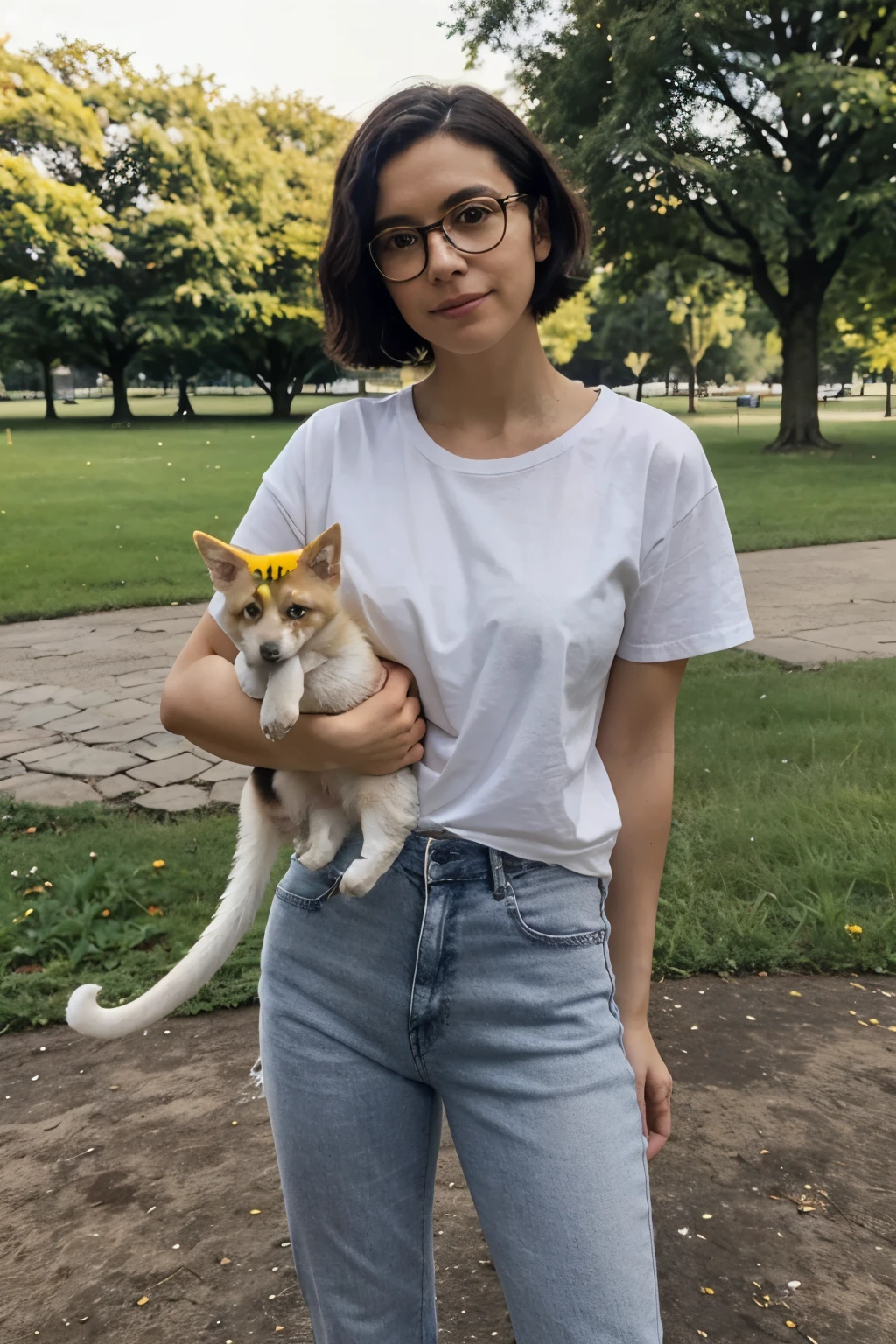Obra-prima, de melhor qualidade, One with short black hair and glasses wearing a white t-shirt, jeans, White sneakers, Standing in the park with a Belgian German Shepherd puppy and holding a yellow kitten