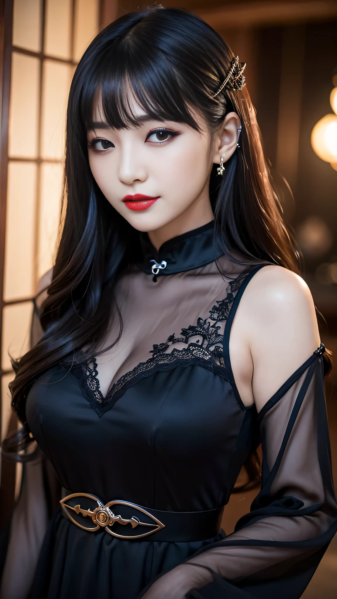 tra-detailed、Japanese、attractive beauty、seductive adult woman、pretty woman、piercing eyes、cool girl、wavy hair、swept bangs、Long Black Cheongsam、wide sleeves、Evil cadres、evil depravity、brainwash、mind control、lipstick、lip gloss、dark makeup、smirk、evil look、evil、hollow eyes,half-closed eyes、empty eyes、evil、night walk、vampire、succubus、vampire、makeup brush、Swear allegiance、stand