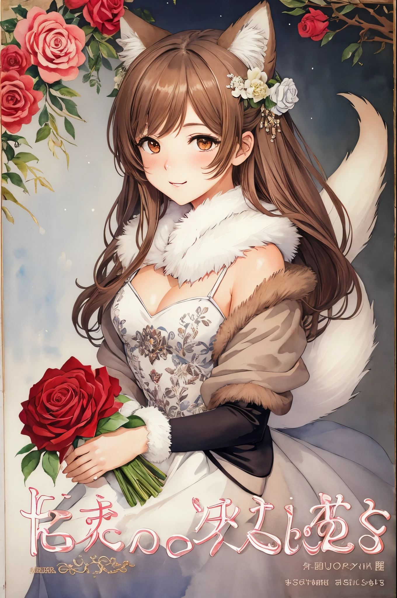 cover page, marriage information magazine, Watercolor elements, 1girl, kemono, furry, detailed body fur, animal face, animal hand, cute girl holding a red rose and looking at viewer,